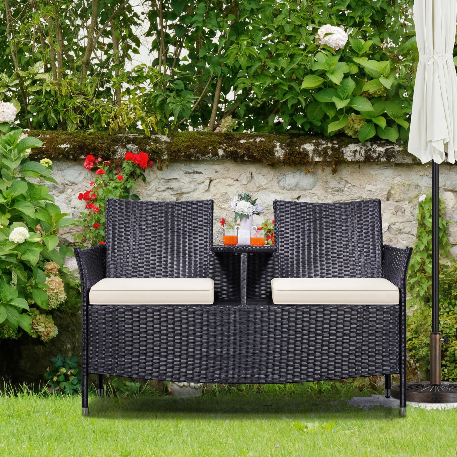 Outdoor Wicker Loveseat Set for 2, PE Rattan Double Chair & Glass Side Table, Cu