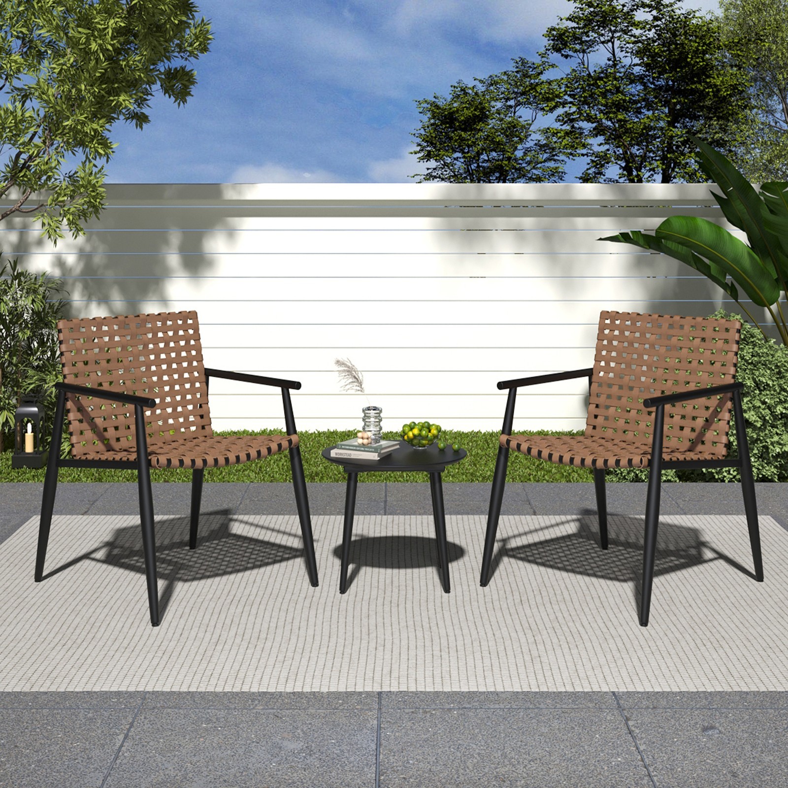Modern Outdoor Chat Set: 2 PE Rattan Chairs + Black Steel & Glass Side Table
