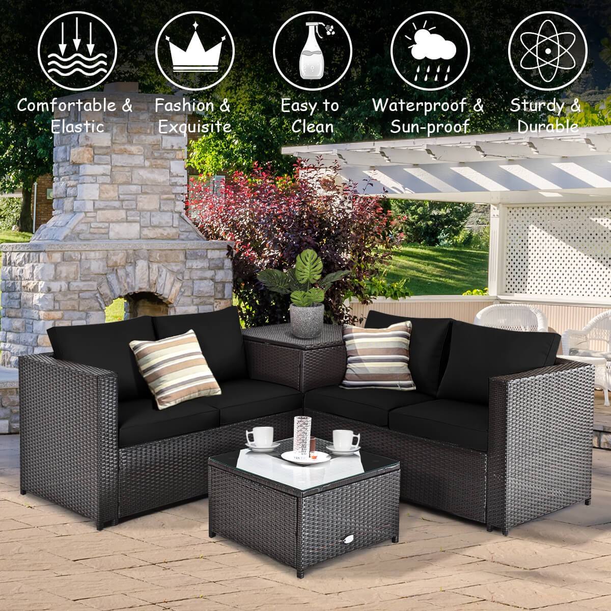 4PCS Outdoor Patio Rattan Furniture Set Cushioned Loveseat Storage Table Navy