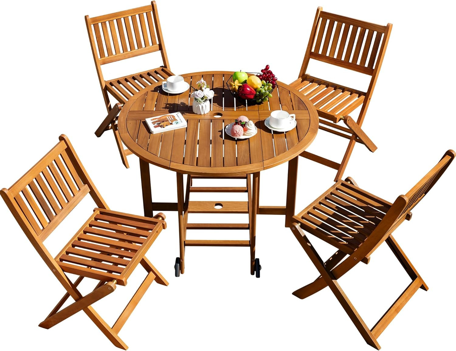 Light Brown 5-Piece Acacia Wood Patio Dining Set – Folding Table & Chairs
