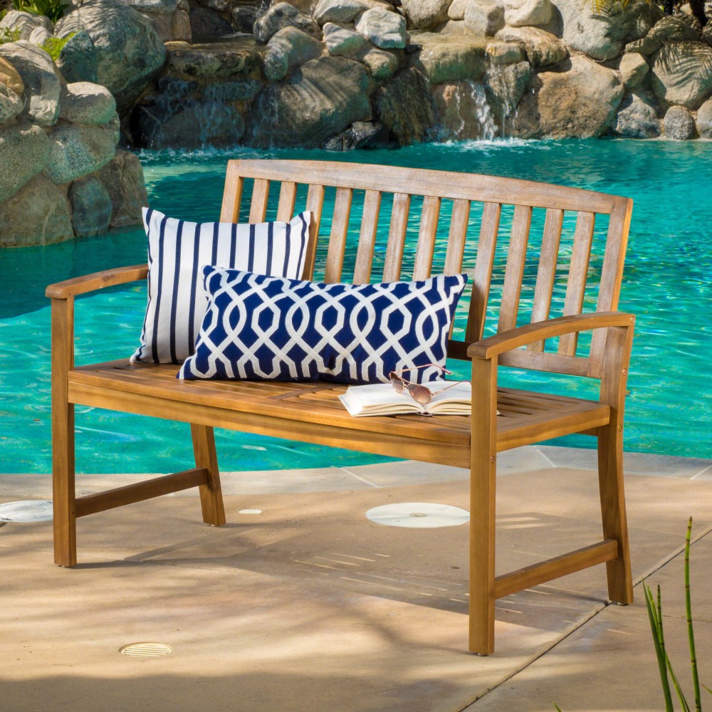 Outdoor Wood Bench for Patio, Teak Color Acacia Wood Farmhouse Style
