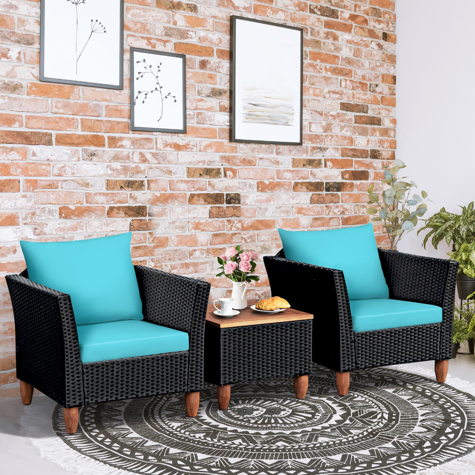3PCS Patio Rattan Conversation Furniture Set Yard Outdoor w/ Turquoise Cushions