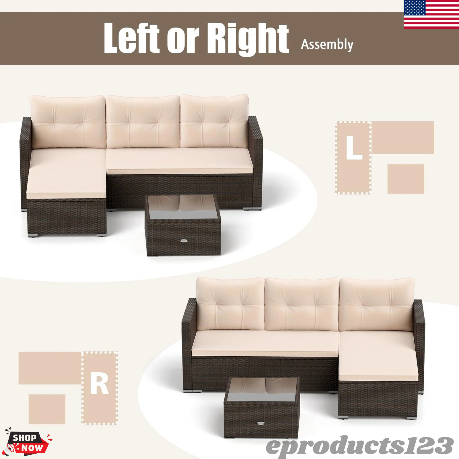Rattan Outdoor Sectional Sofa Set L Shaped Patio Furniture w/ Glass Coffee Table