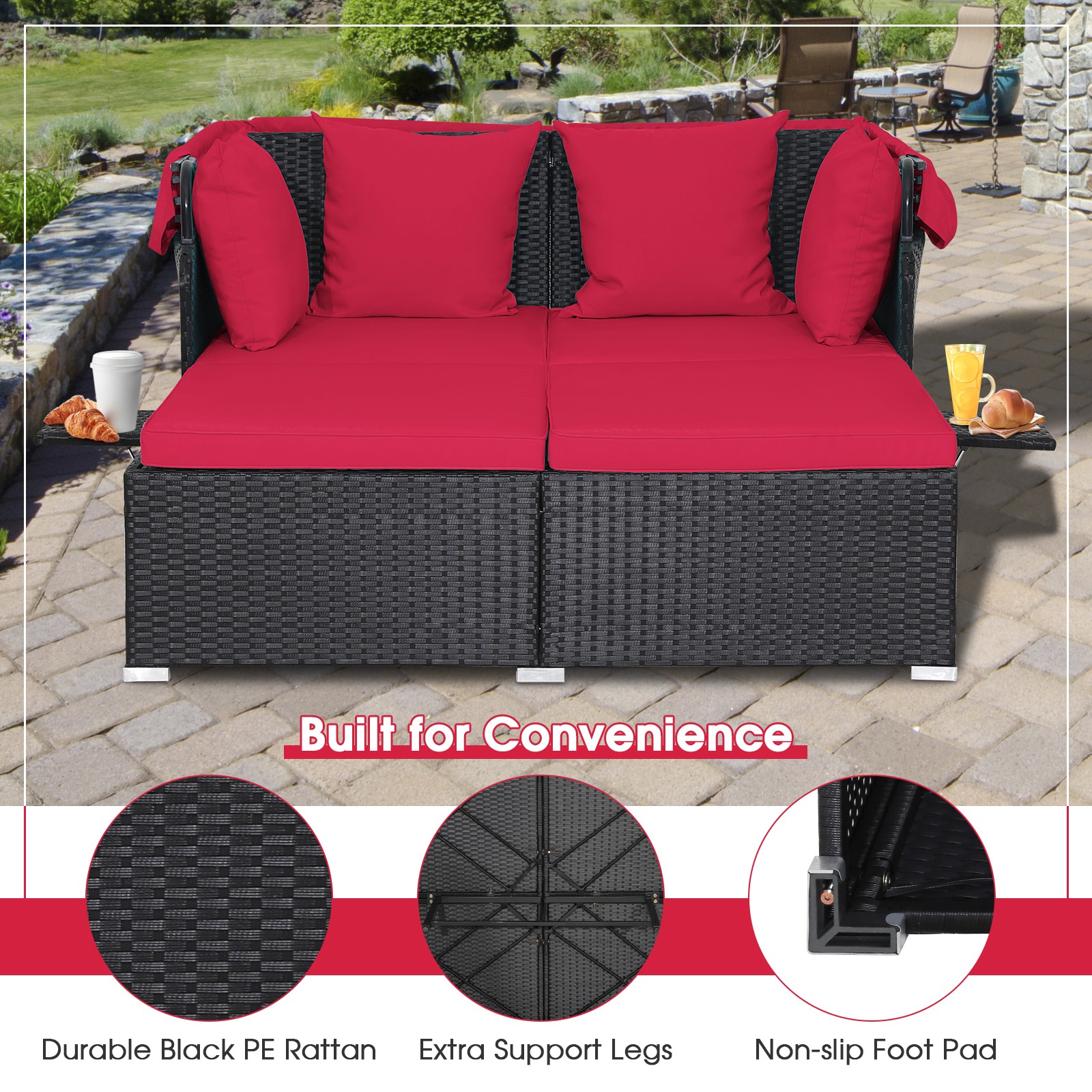 Topbuy Outdoor Daybed with Retractable Canopy PE Rattan Sunbed with Soft