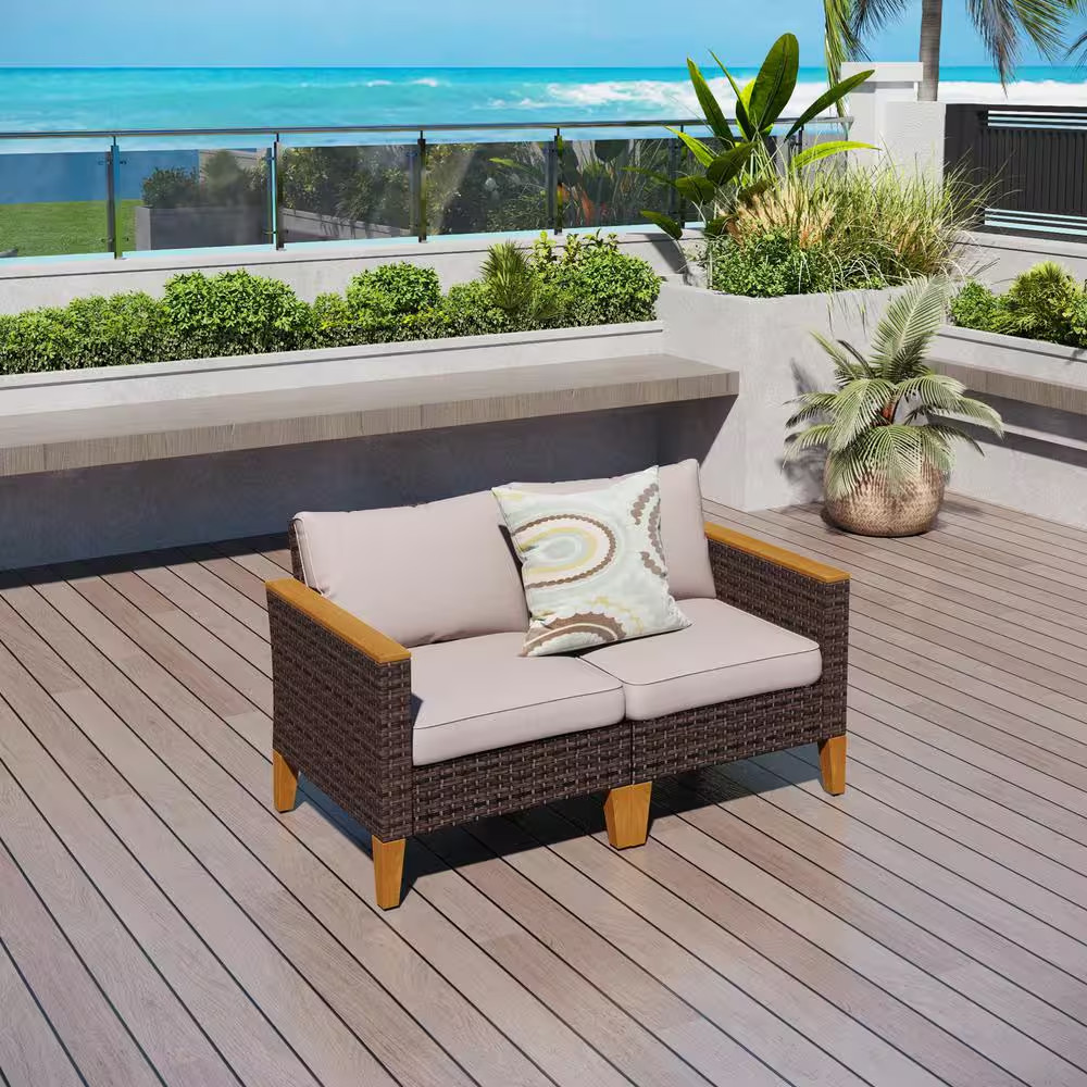 Dark Brown Rattan Wicker Outdoor Patio Single Arm Lounge Chairs with Beige Cushi