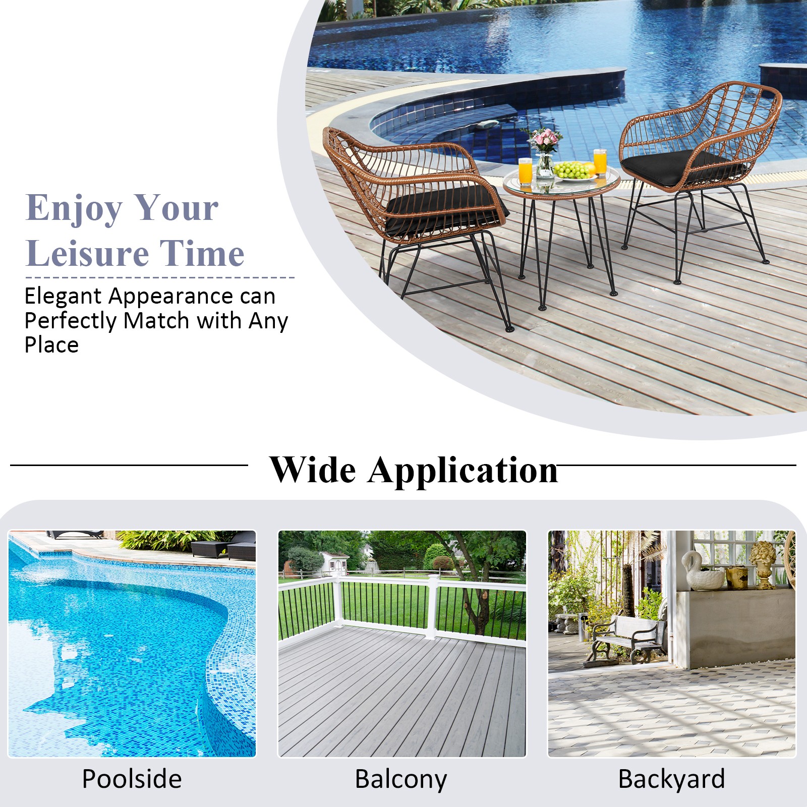 Patiojoy 3PCS Patio Rattan Bistro Set Coffee Table Armchair Garden Black Cushion