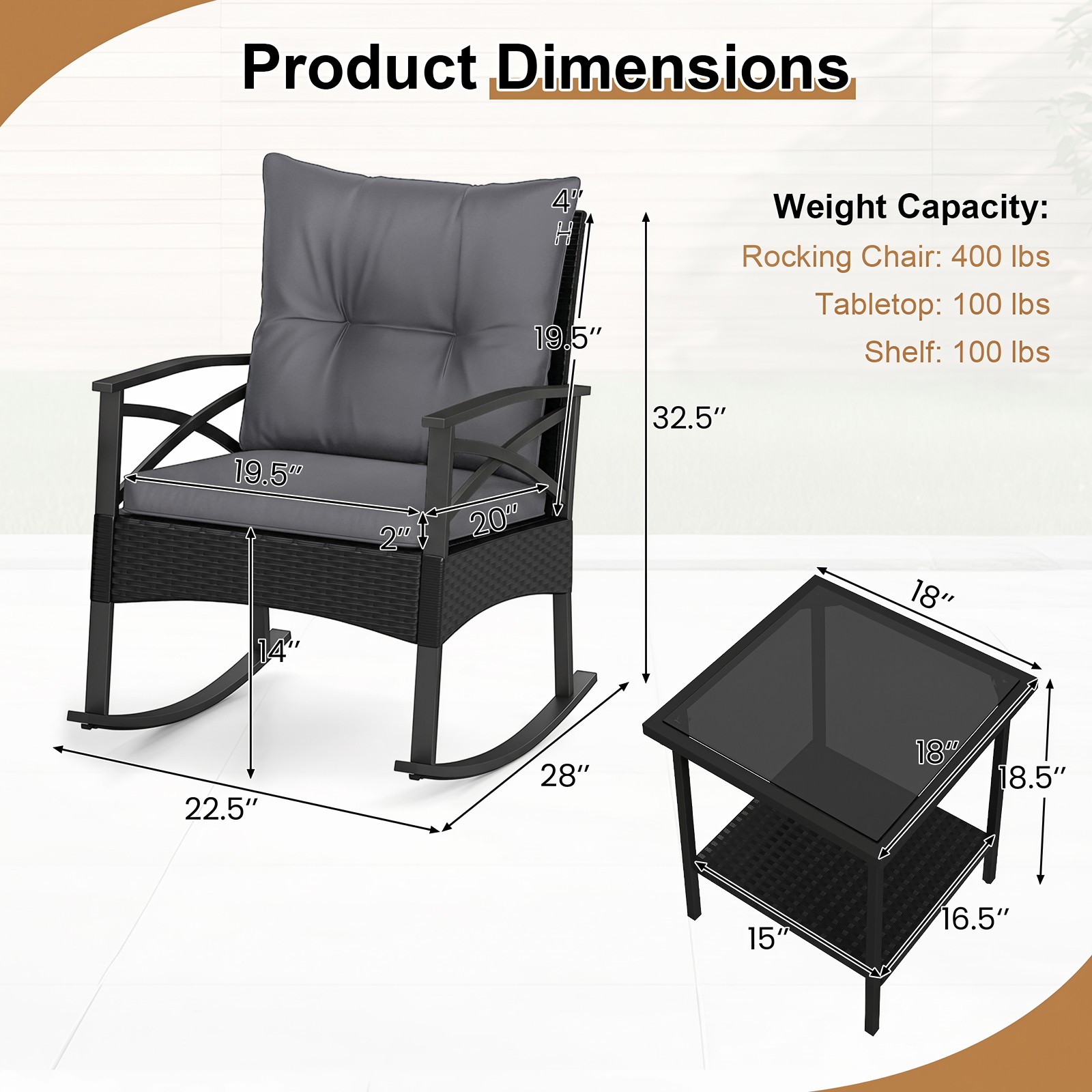 3-Piece Rattan Rocking Bistro Set w/Tempered Glass Tabletop & Cushions for Porch