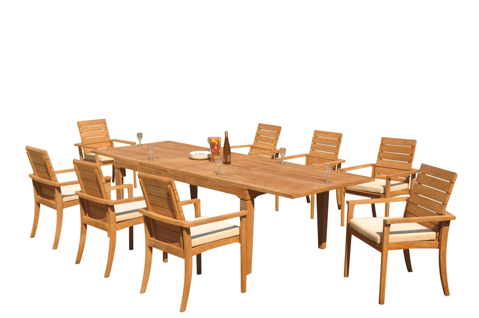 A-Grade Teak 9pc Dining Caranas Rectangle Table Algrave Stacking Arm Chairs Set