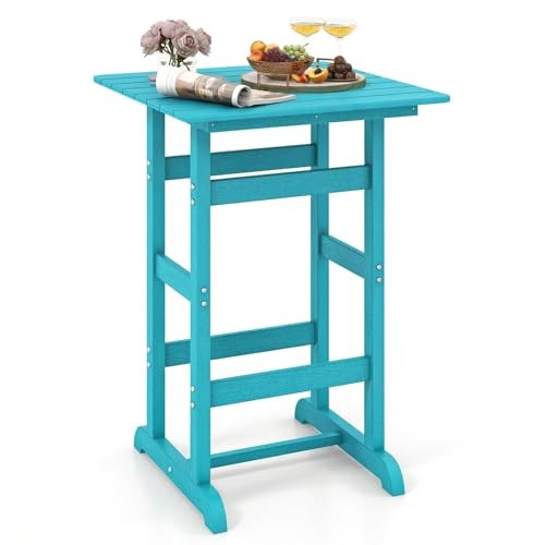 42″ Height Outdoor Tall Bar Table, HDPE Square Pub Table with Wood Turquoise