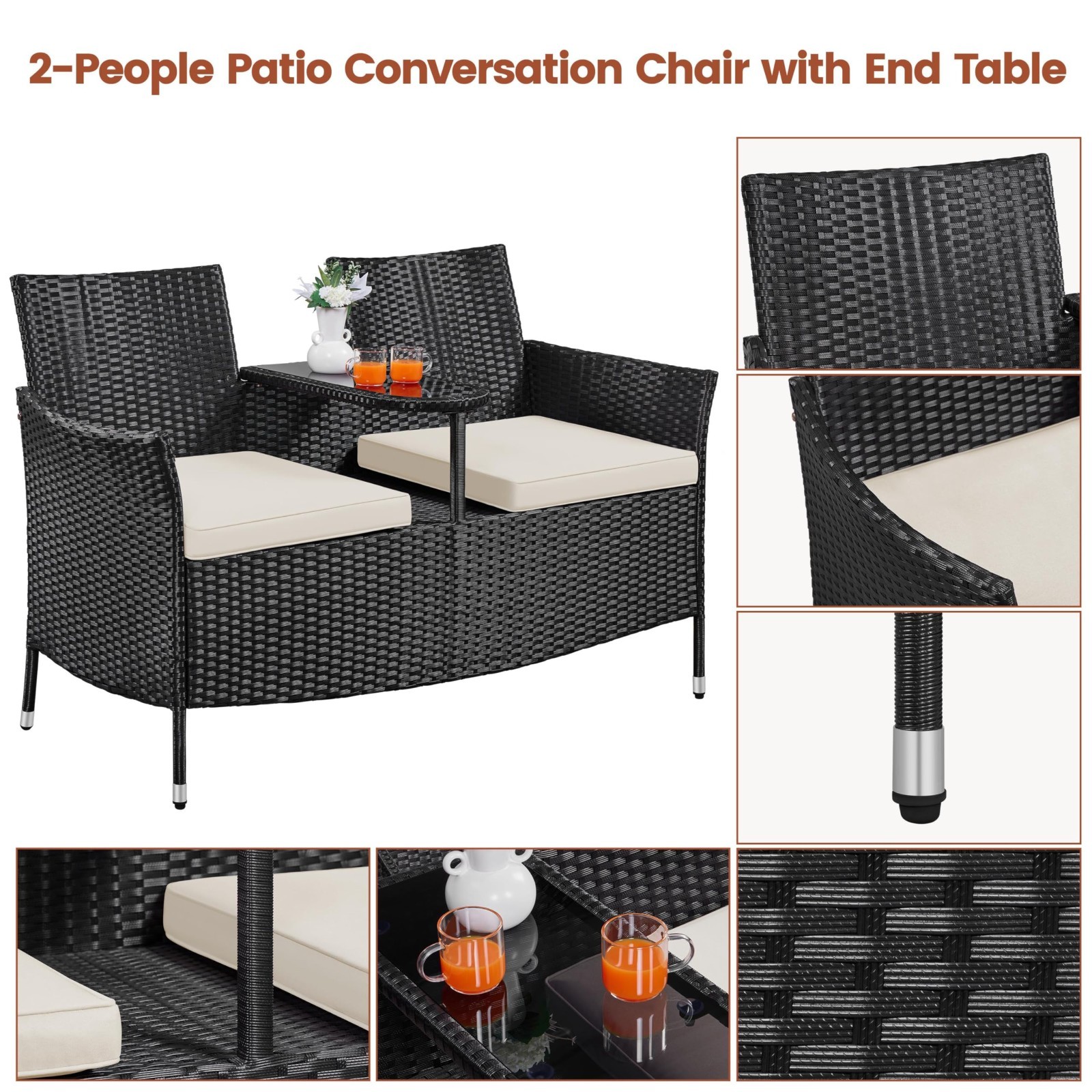 Outdoor Wicker Loveseat Set for 2, PE Rattan Double Chair & Glass Side Table, Cu