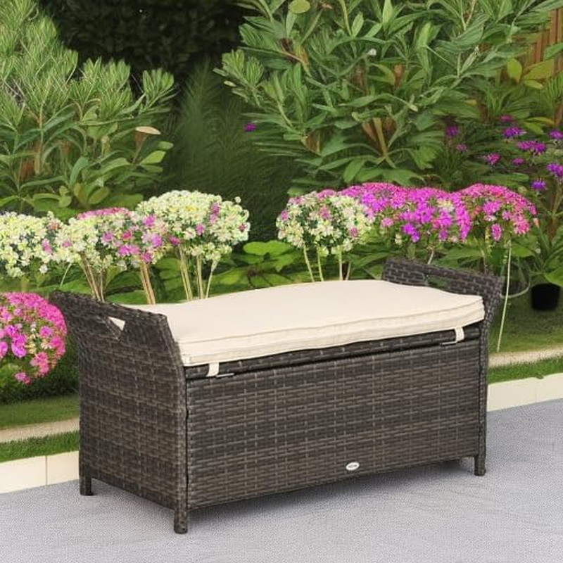 29 Gallon Patio Wicker Storage Bench, Outdoor PE Rattan Furniture, 2-In-1 Large