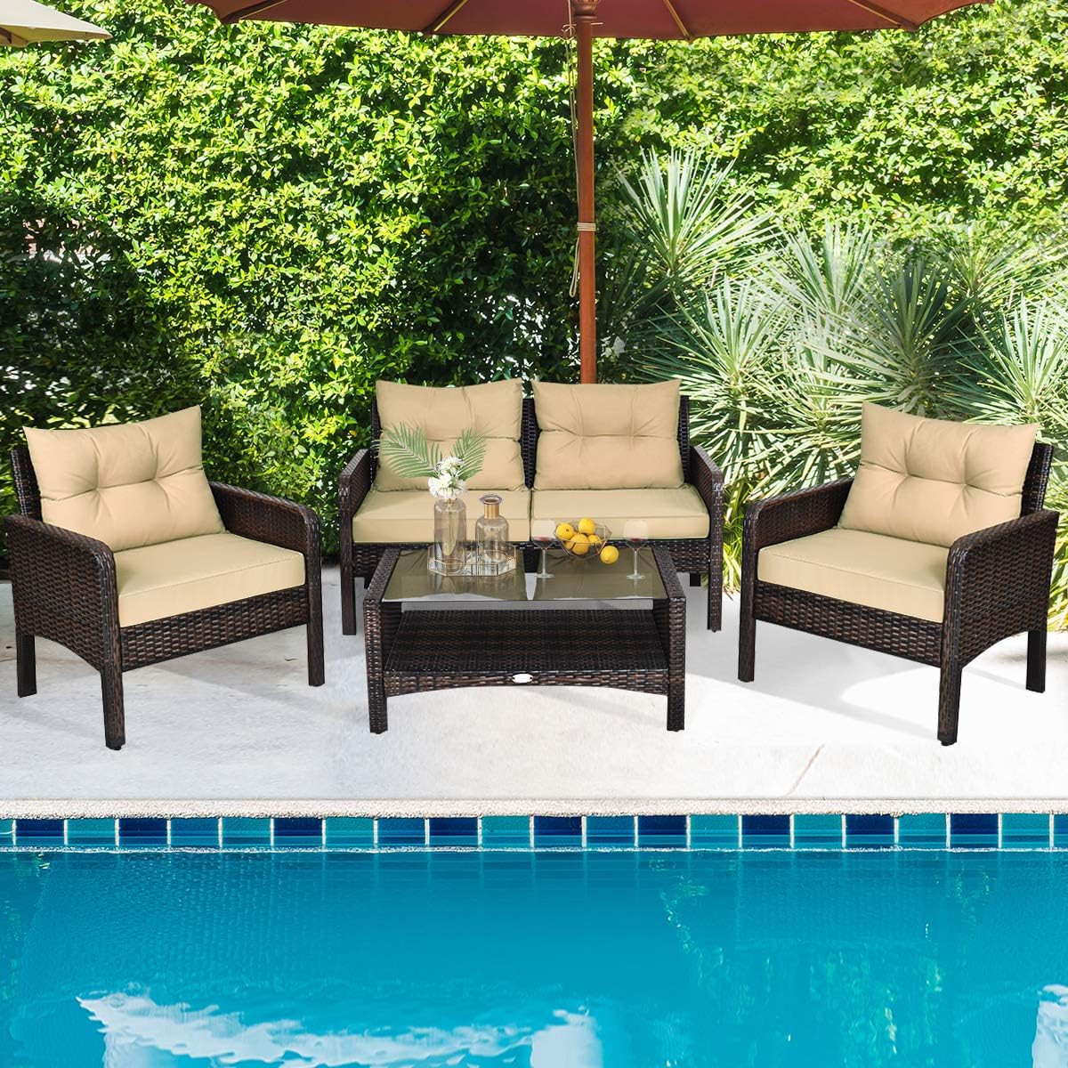 HAPPYGRILL 4-Piece Patio Furniture Outdoor Rattan Wicker Sofa Set with Cushions