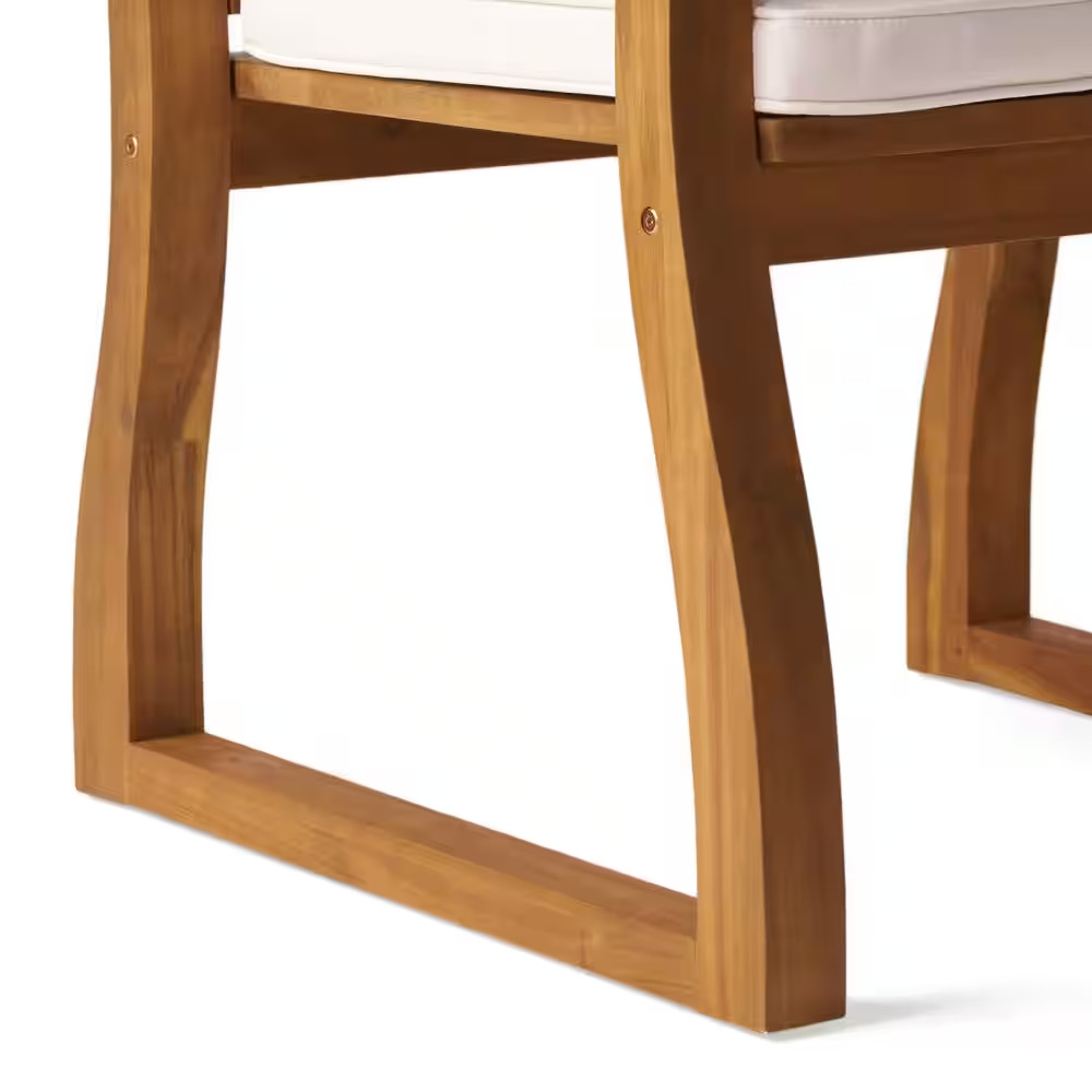 2-Pieces Outdoor Wood Dining Chairs with Cream Cushions for Garden in Brown