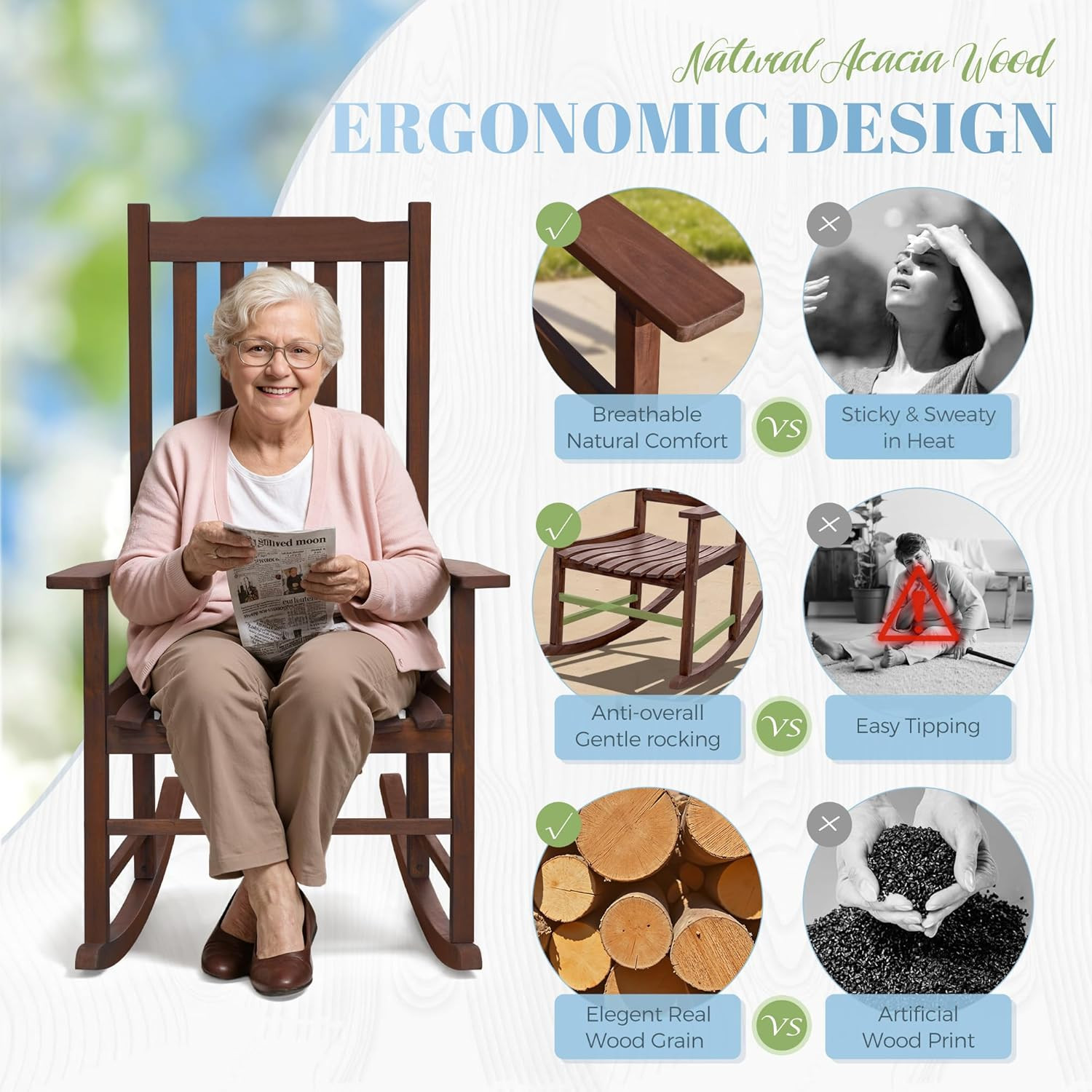 Flamaker Acacia Wood Patio Rocking Chair Set of 2, High Back and Widen Armrest f