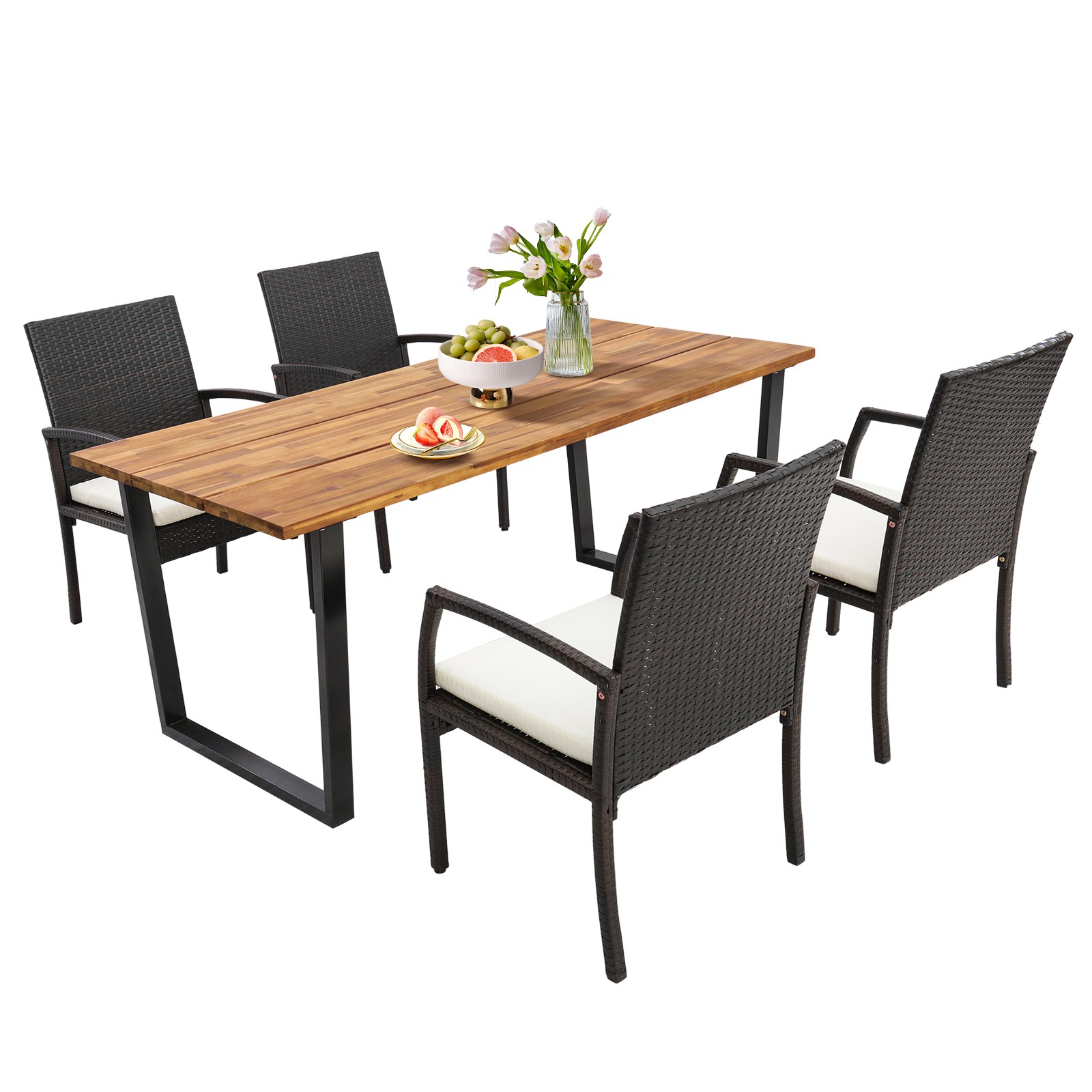 5 PCS Patio Rattan Dining Set Acacia Wood Table 4 Wicker Chairs w/ Umbrella Hole