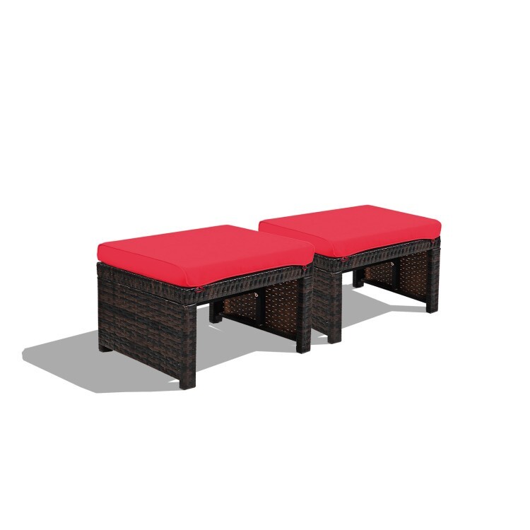 2 Pieces Patio Garden Rattan Ottoman Sturdy Outdoor Red Soft Cushion Lightweight