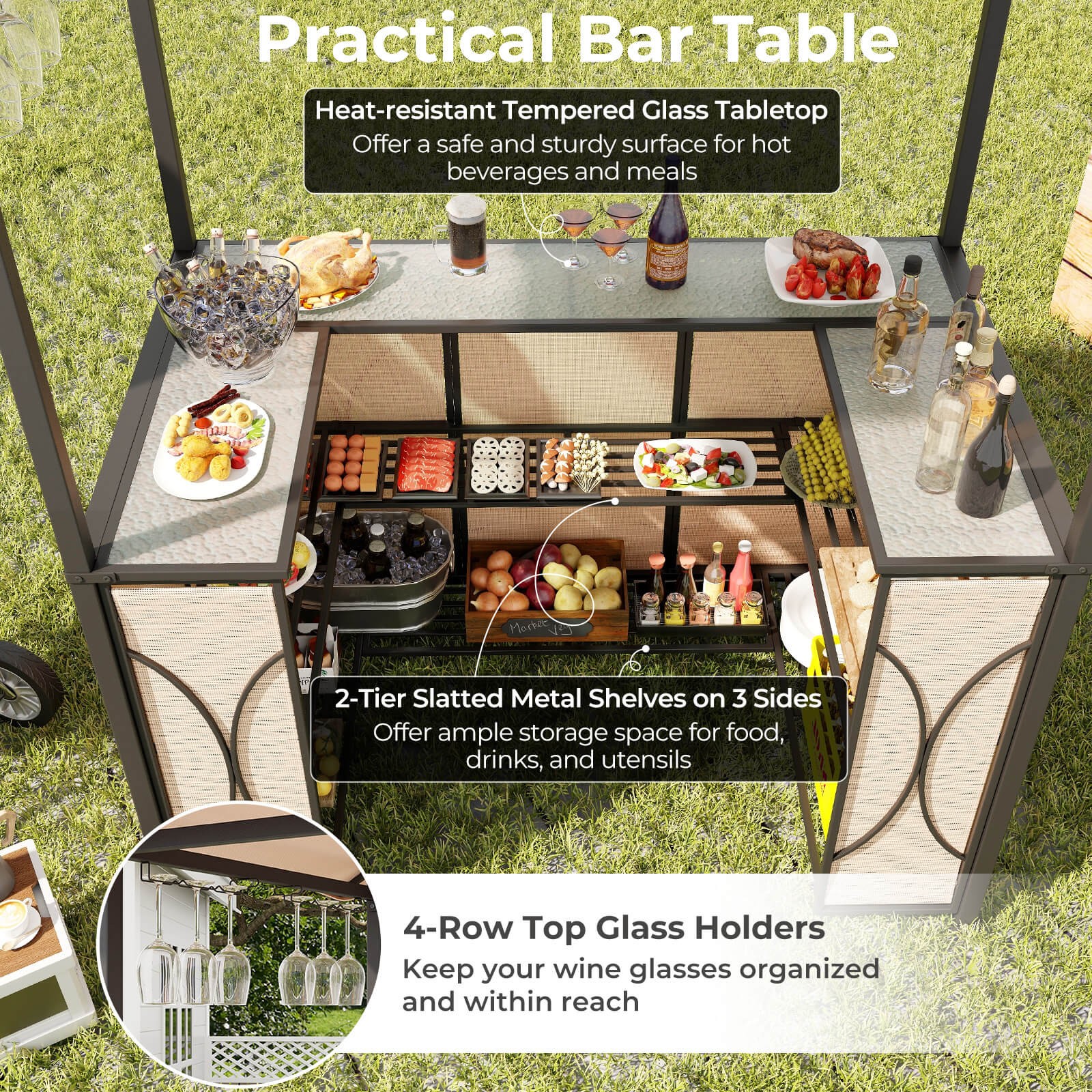 3 PCS Patio Bar Set w/ Tempered Glass Bar Table Metal Storage Shelves for Garden