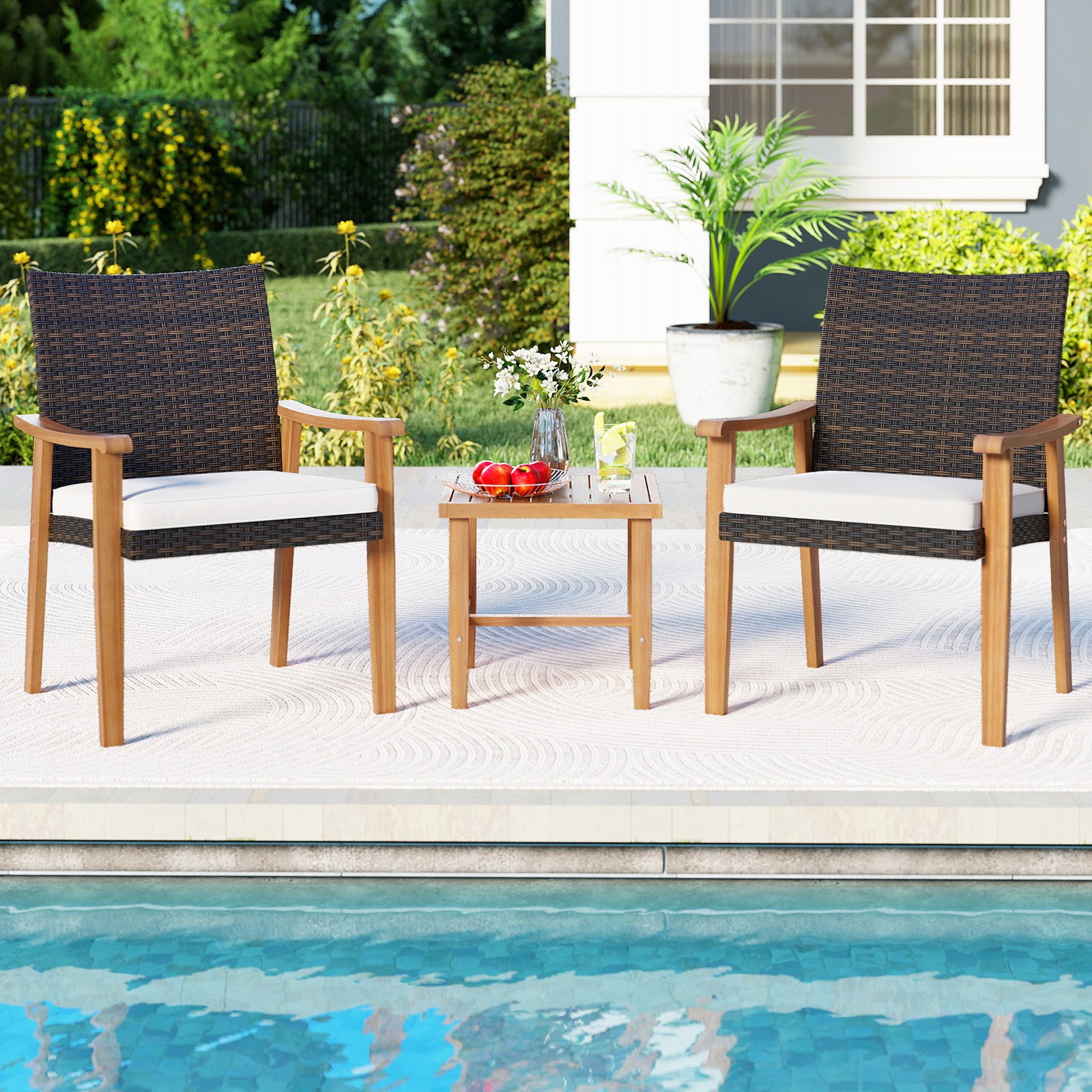 3 PCS Patio PE Wicker Furniture Set w/Coffee Table & Cushions for Front Porch