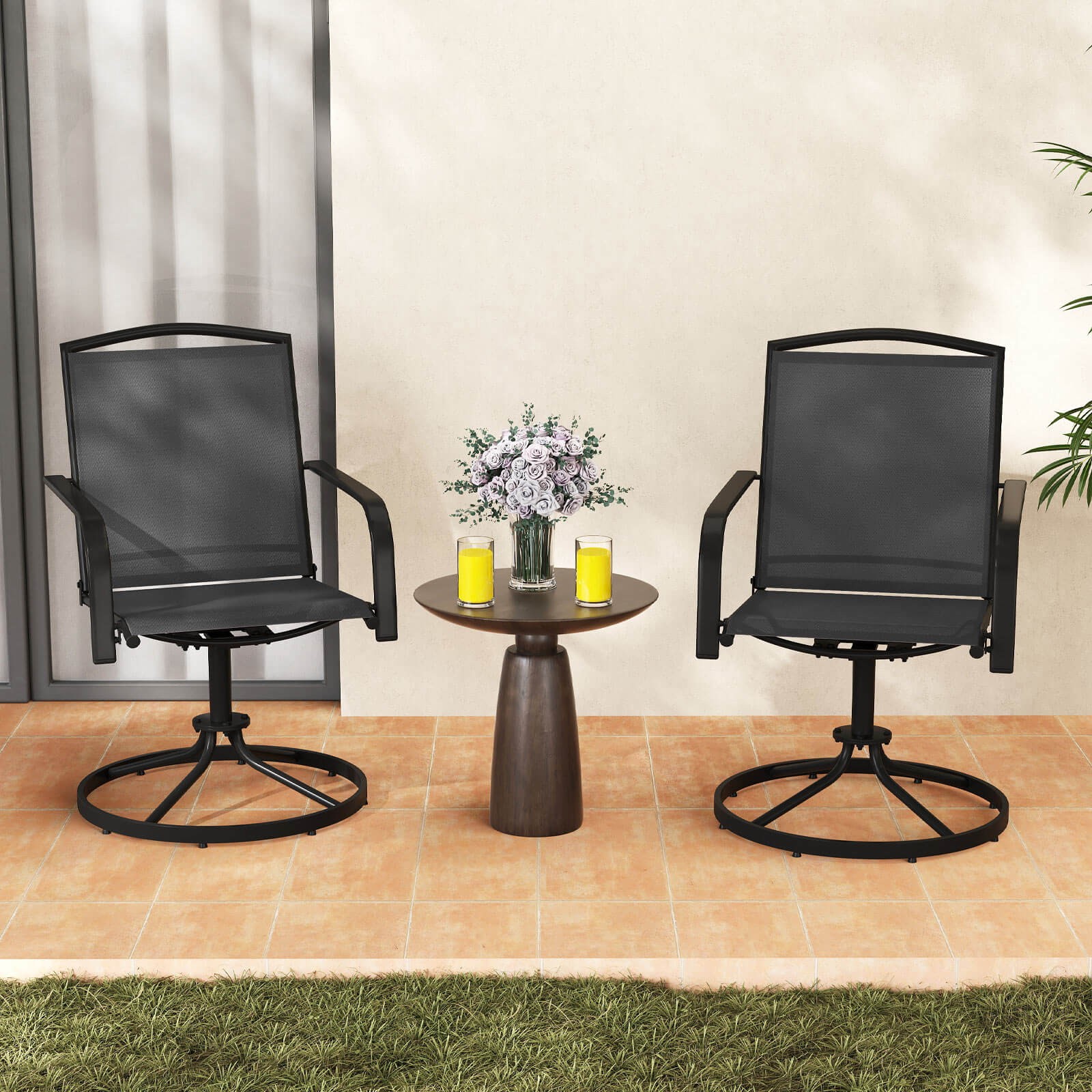 Patio Swivel Chairs 2PCS w/ High Back & Round Metal Base for Backyard