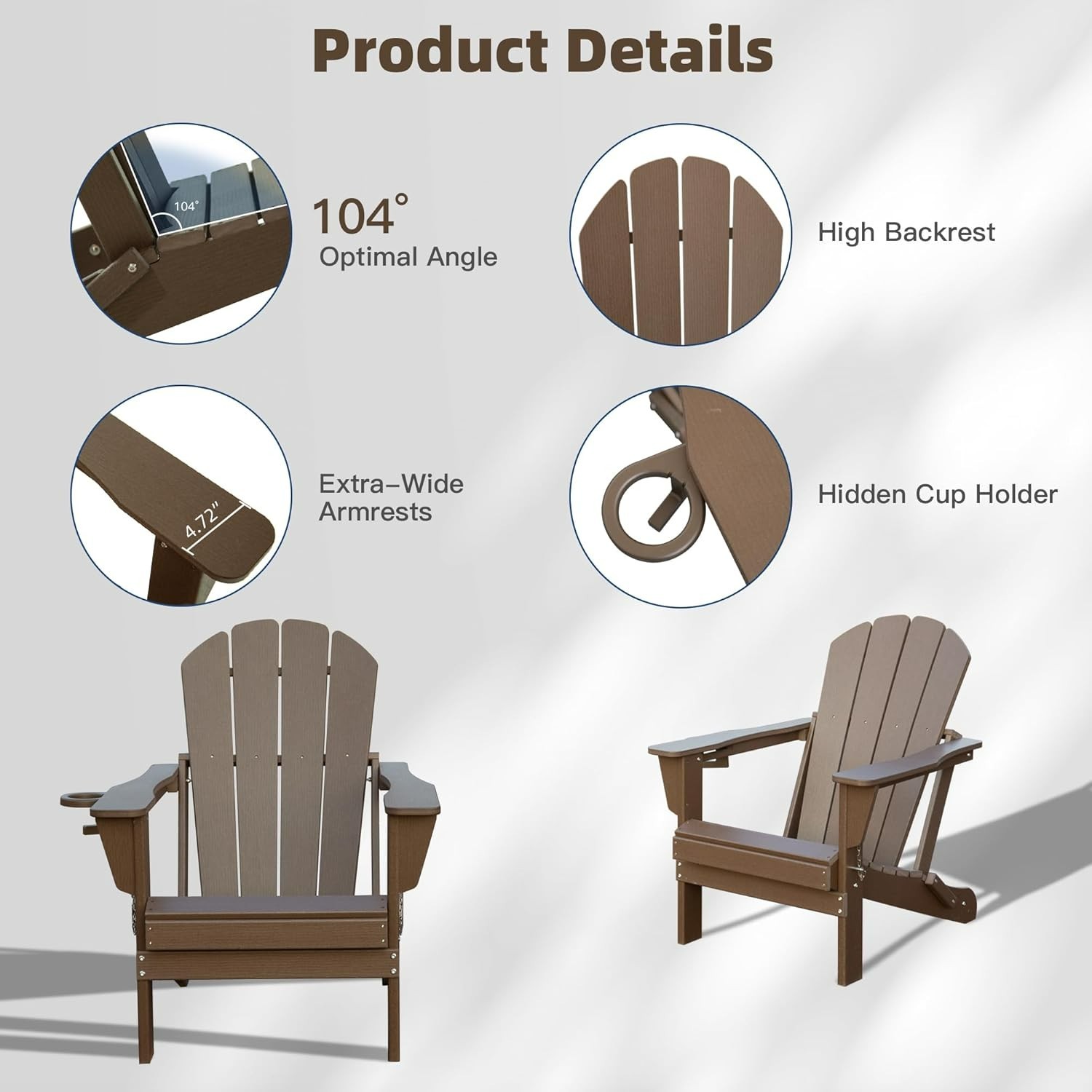 4pcs All-Weather HDPE Folding Adirondack Chair Fire Pit Chair w/Cup Holder,Khaki