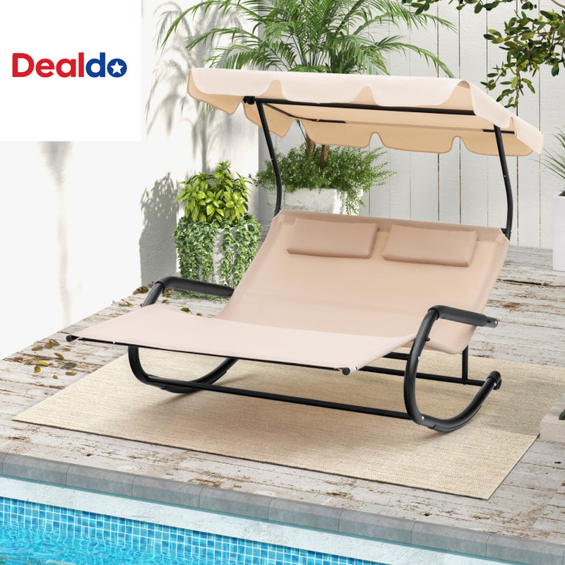 Outdoor 2 Persons Rocking Chaise Lounge with Canopy and Wheels