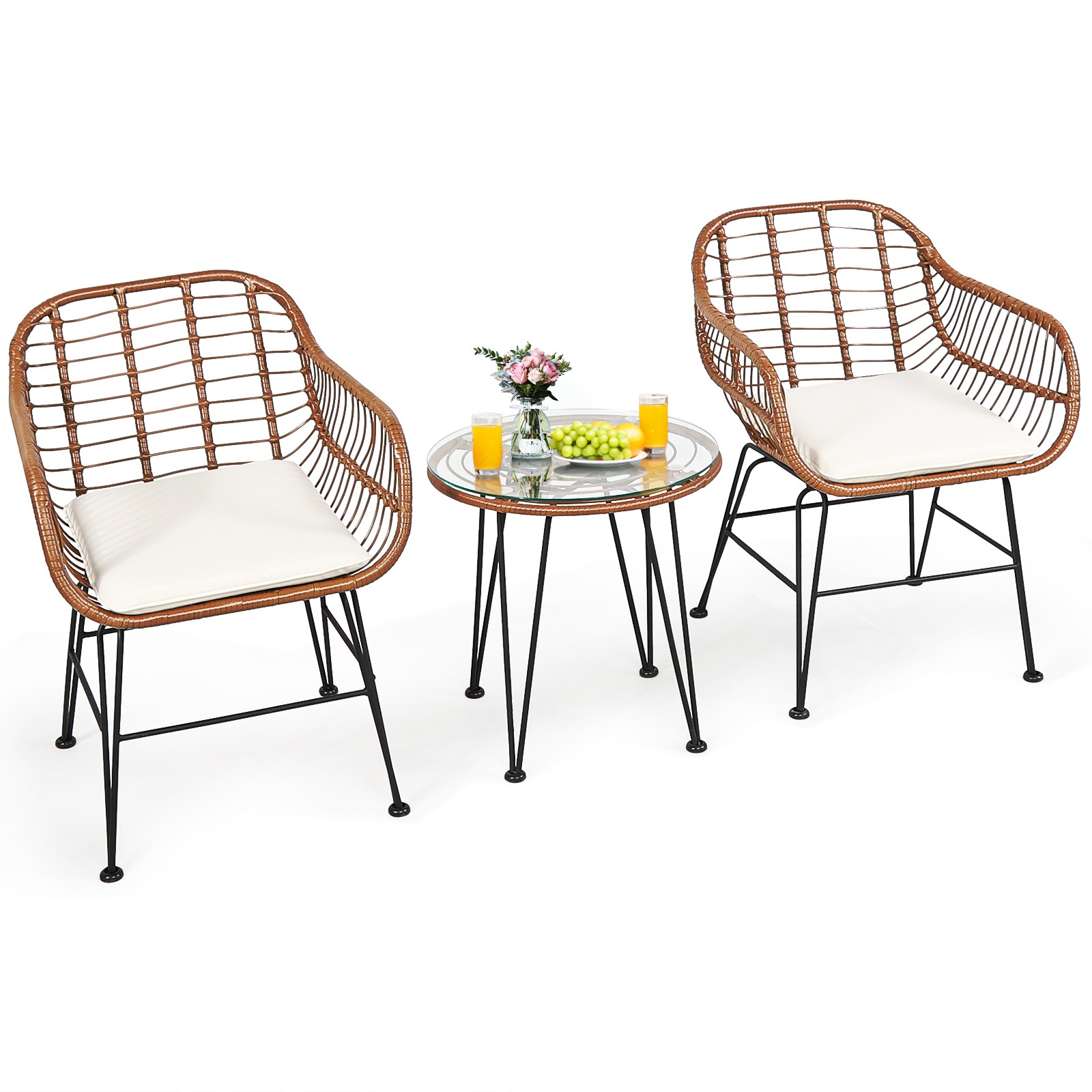 Patiojoy 3PCS Patio Rattan Bistro Set Coffee Table Armchair Garden Beige Cushion