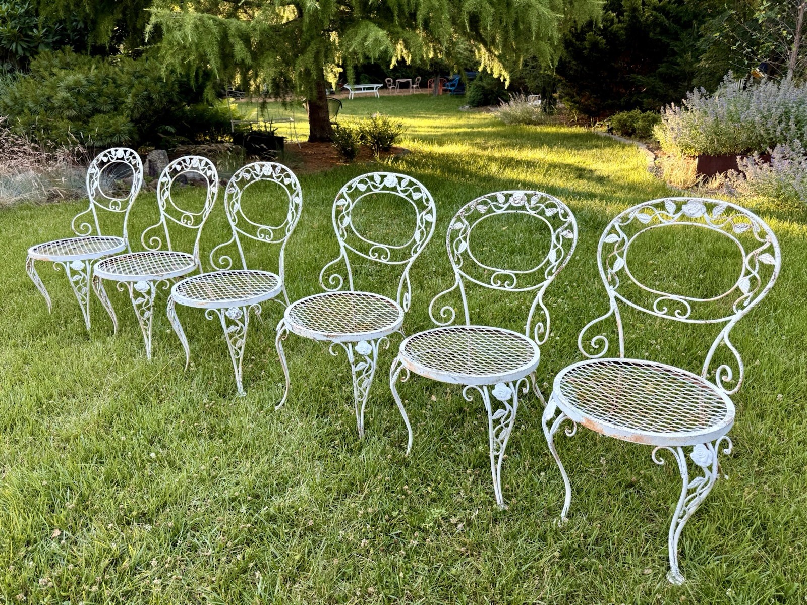Vintage Woodard Chantilly Rose Wrought Iron Patio Dining Set Table + 6 Chairs
