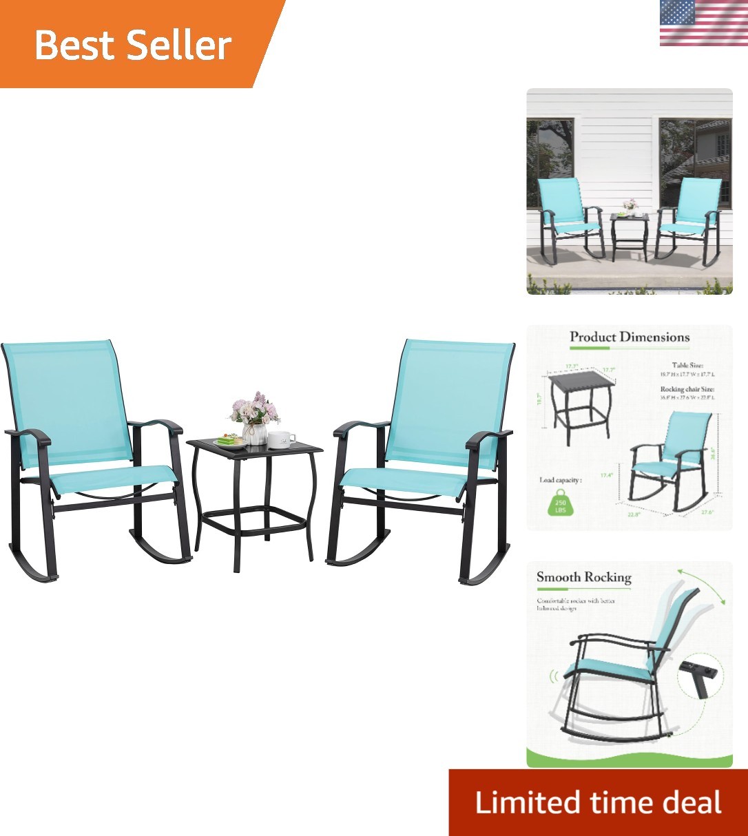 Stylish Blue Rocking Bistro Set with Glass Table – Perfect Garden Furniture
