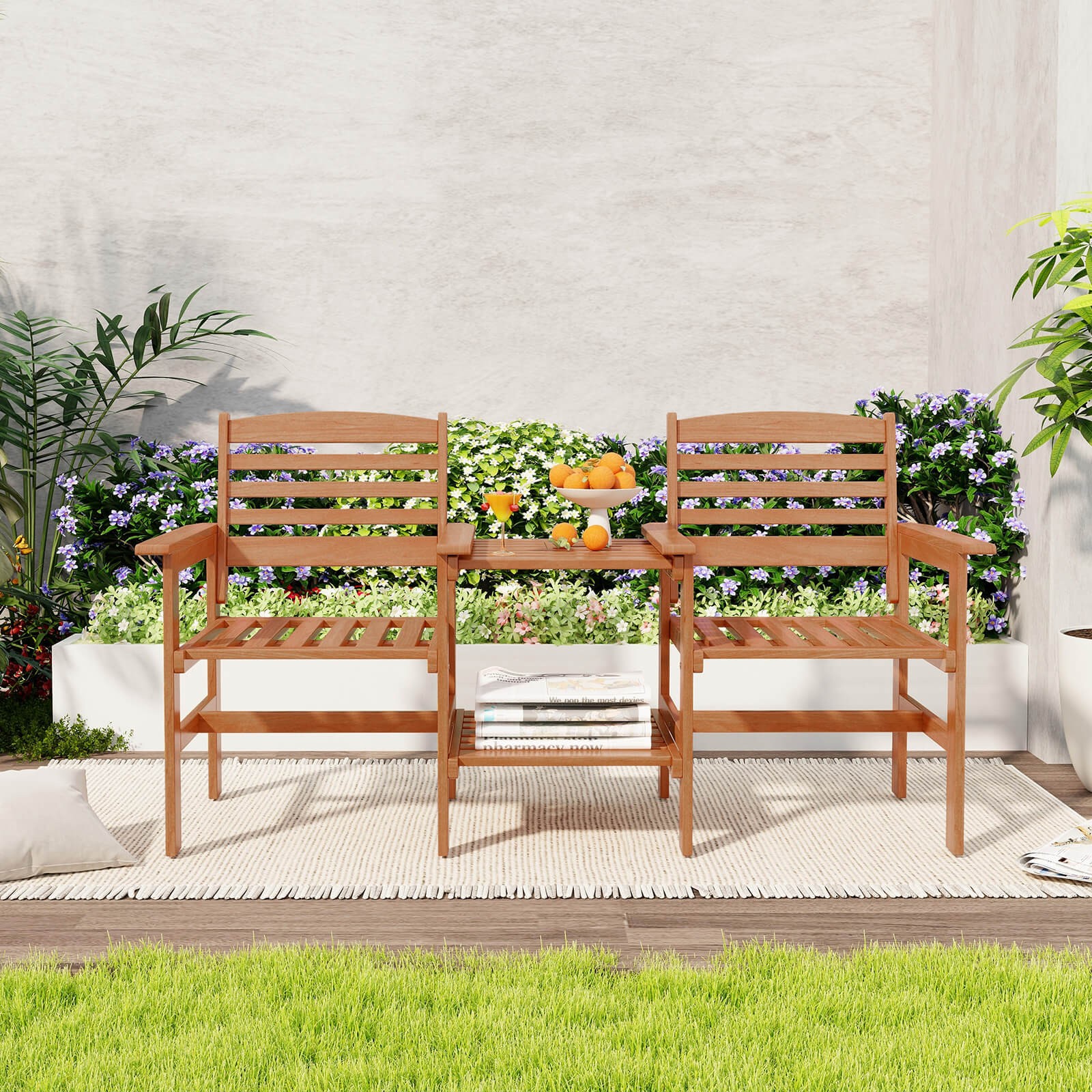 Outdoor Patio Loveseat with Coffee Table and Umbrella Hole for Garden Poolside