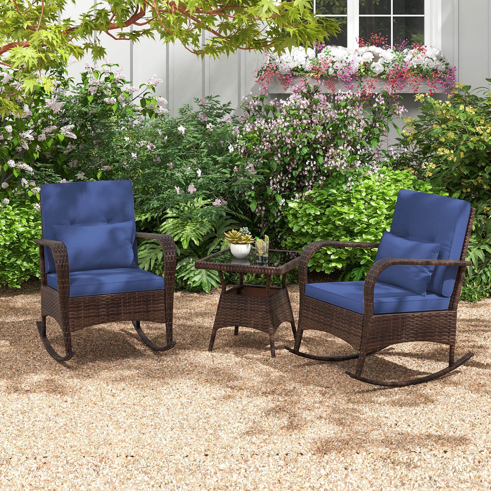 3 PCS Rocking Bistro Set w/Removable Cushions & Tempered Glass Top Coffee Table