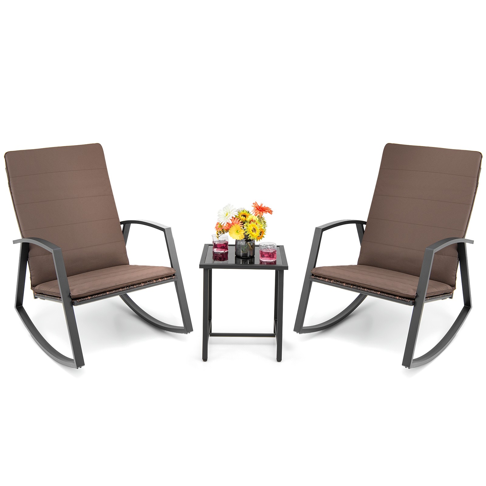 Patiojoy 3PCS Patio Rattan Rocking Chair Table Furniture Set Yard Cushion Brown