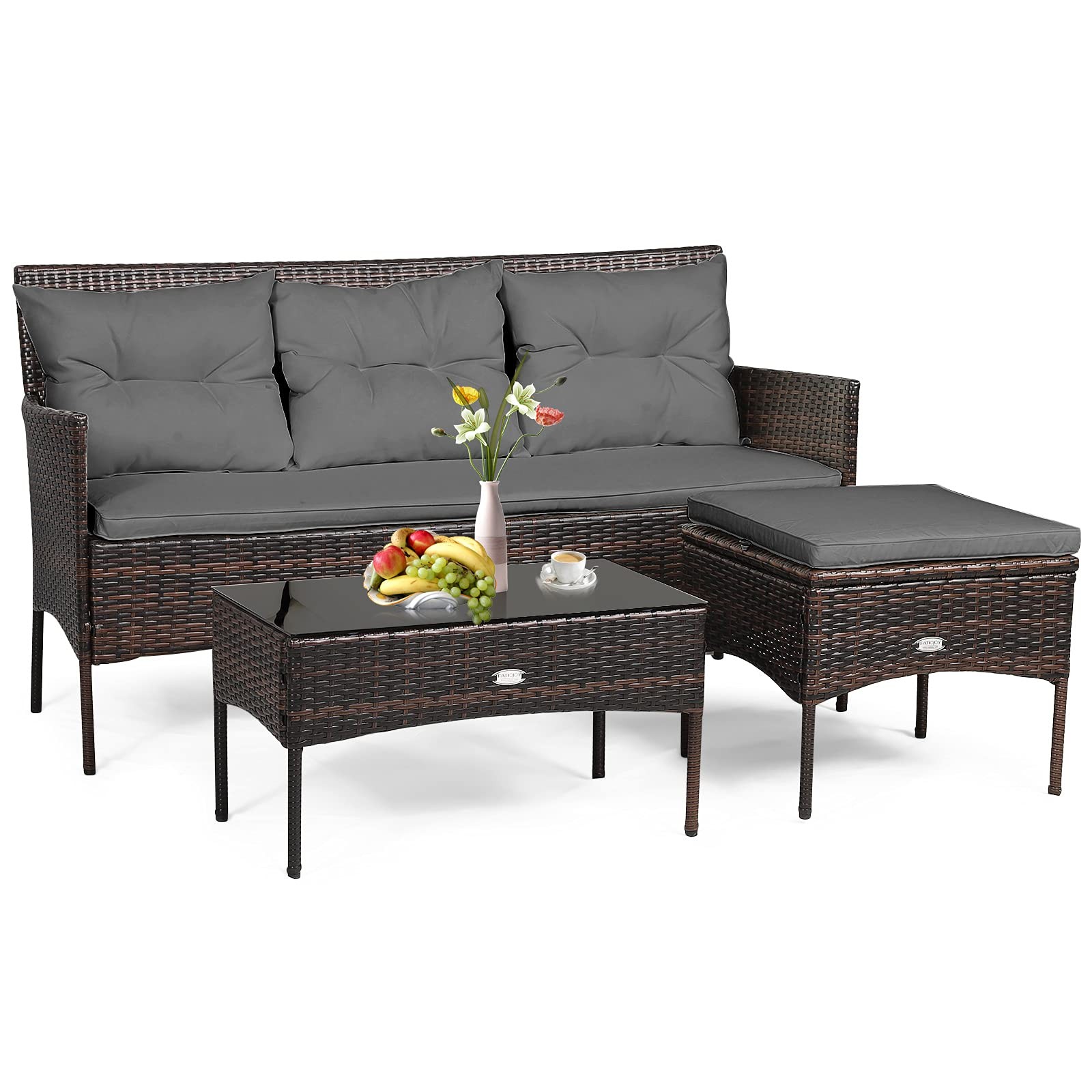 RELAX4LIFE 3 Pieces Patio Furniture Sectional Set, Rattan Wicker Conversation…