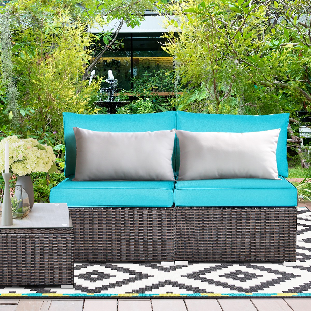 2PCS Patio Rattan Armless Sofa Sectional Furniture Conversation Set Turquoise