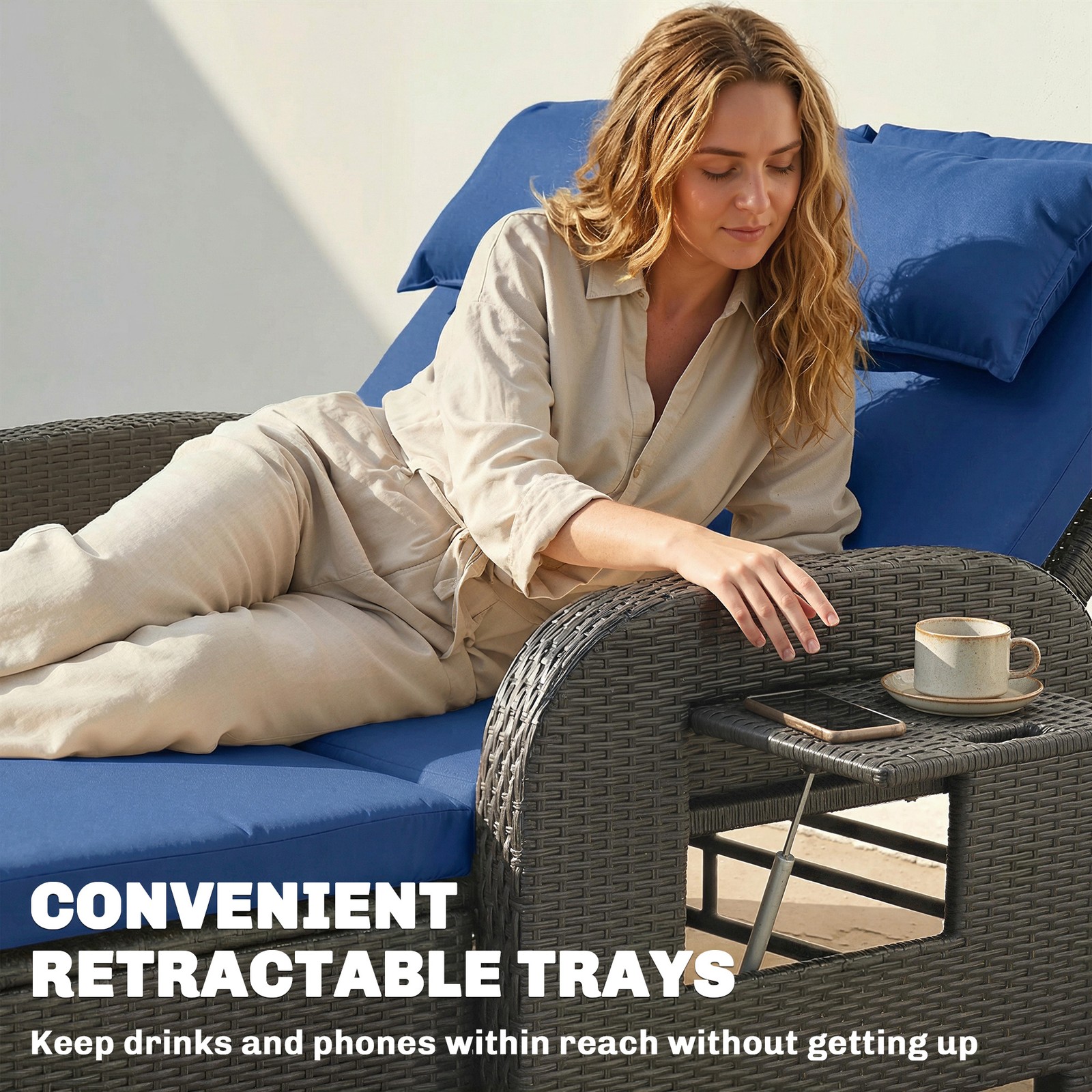 Outdoor Patio Rattan Daybed w/ Storage Ottoman, Navy Blue
