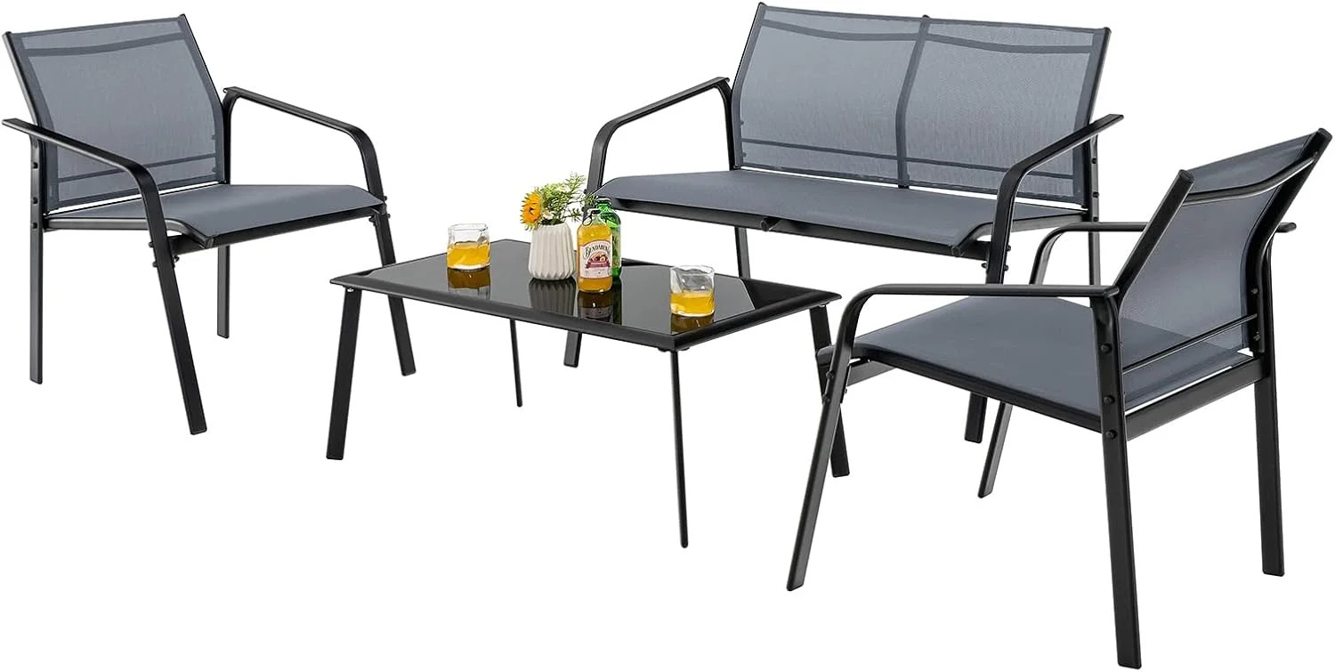Tangkula 4 Pieces Patio Furniture Set, Outdoor Conversation Set with Tempered Gl