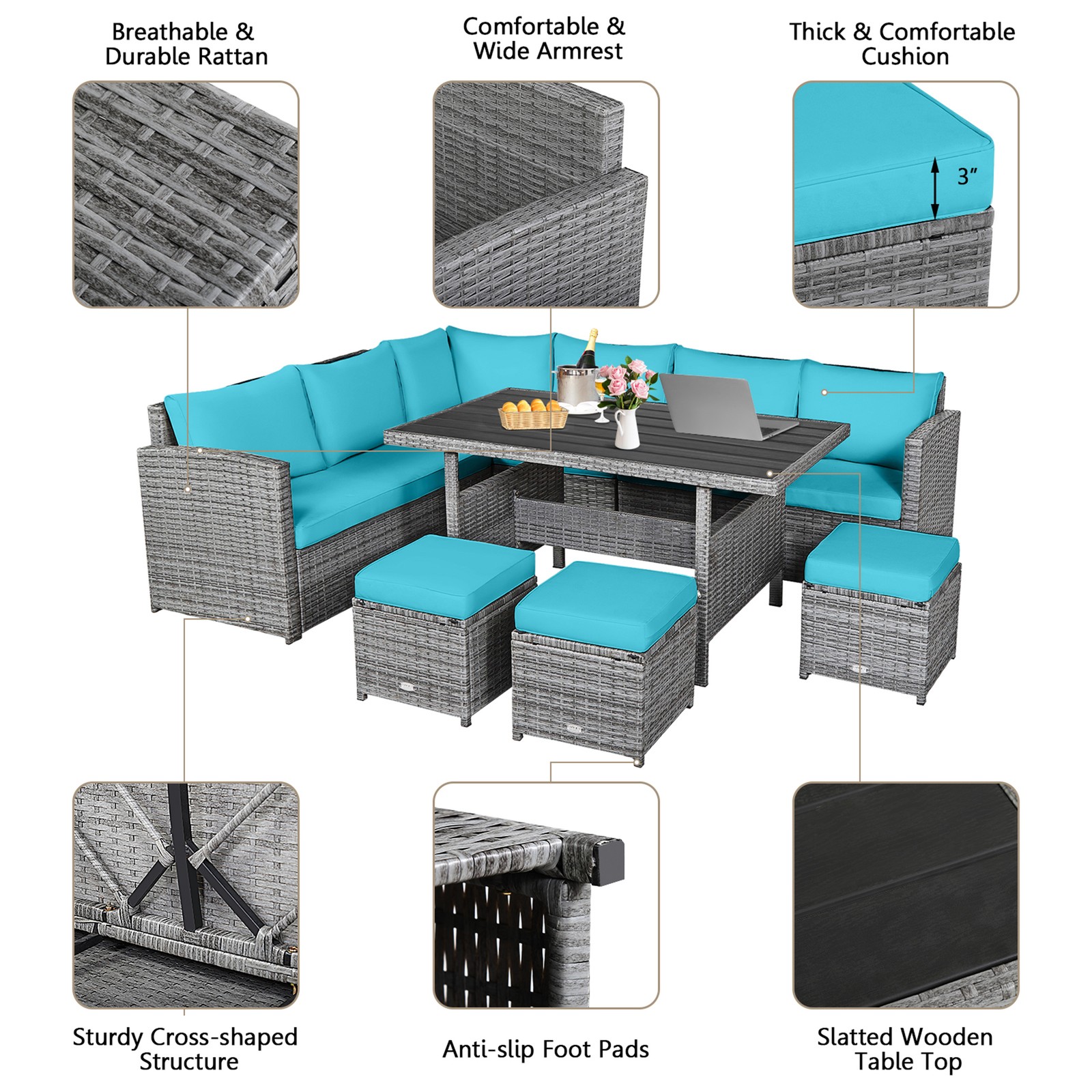 7PCS Rattan Patio Sectional Sofa Set Conversation Set w/ Turquoise Cushions