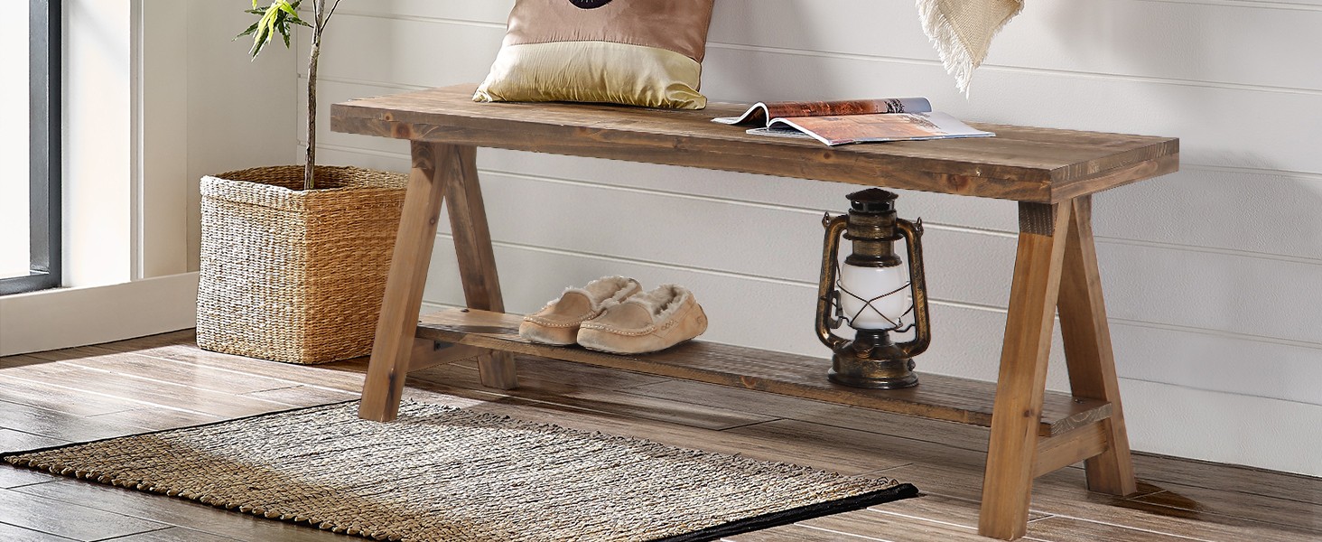 Farmhouse Wood Bench, Rustic Indoor Stora Bench for Entryway,