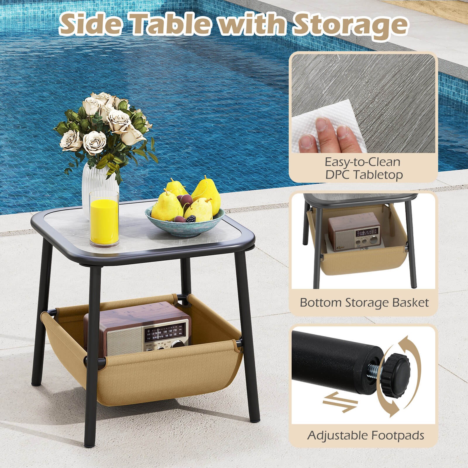 3 Piece Rocking Bistro Set w/ Storage Bag PS Armrests & Tabletop Metal Frame