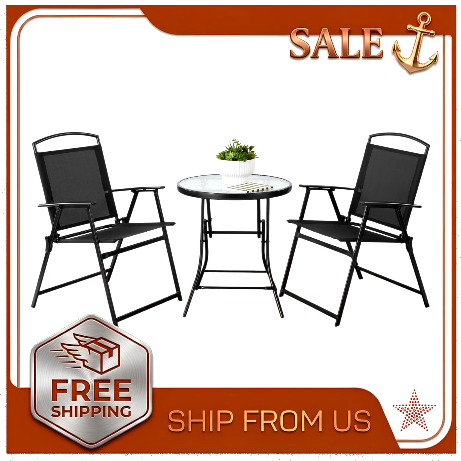 Mainstays Albany Lane 3 Piece Outdoor Bistro Set Folding Chairs Glass Table