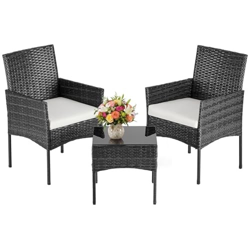3-Piece Patio Furniture Set, All-Weather Outdoor Wicker Chairs with 3 PC Black