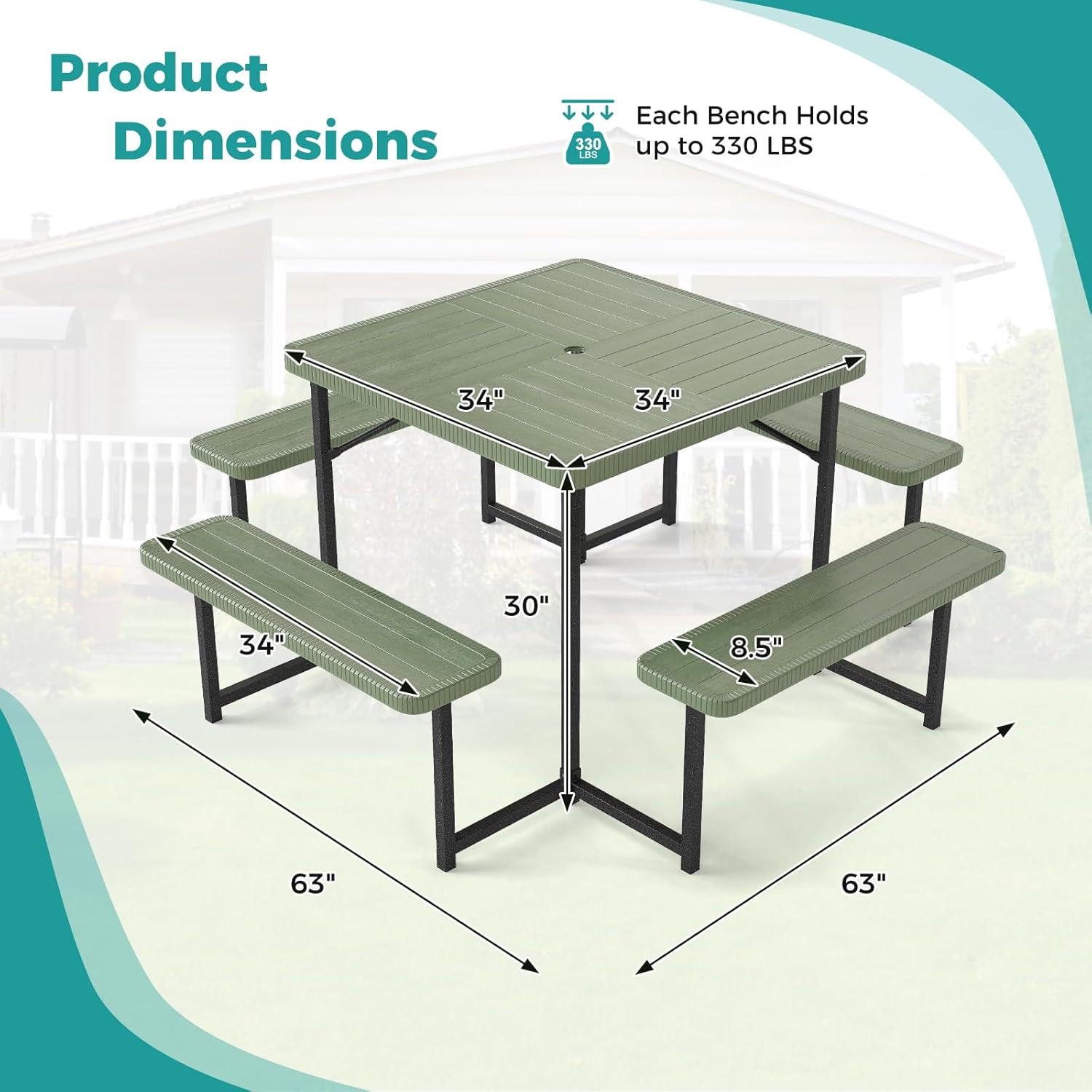 Giantex Picnic Table Bench Set for 4-8 People, 34″ Outdoor Square Dining Table &