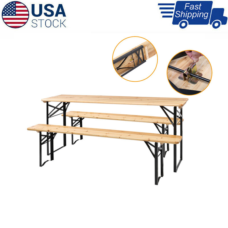 3PCS 5.8FT Picnic Combo Wood 1 Table 2 Bench Dining Set solid wood steel outdoor