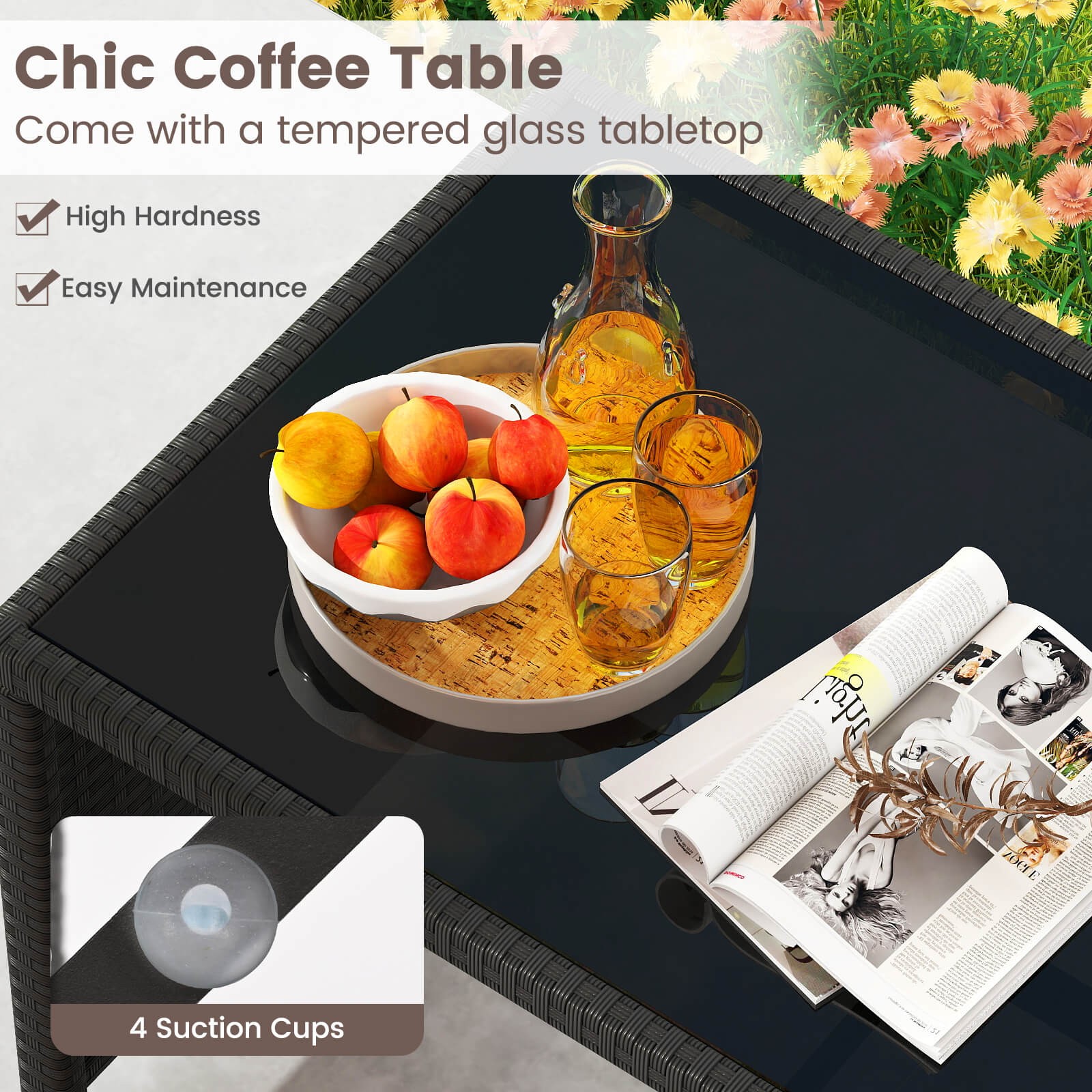 4 PCS Patio Conversation Set w/Seat Cushions & Tempered Glass Tabletop, Porch