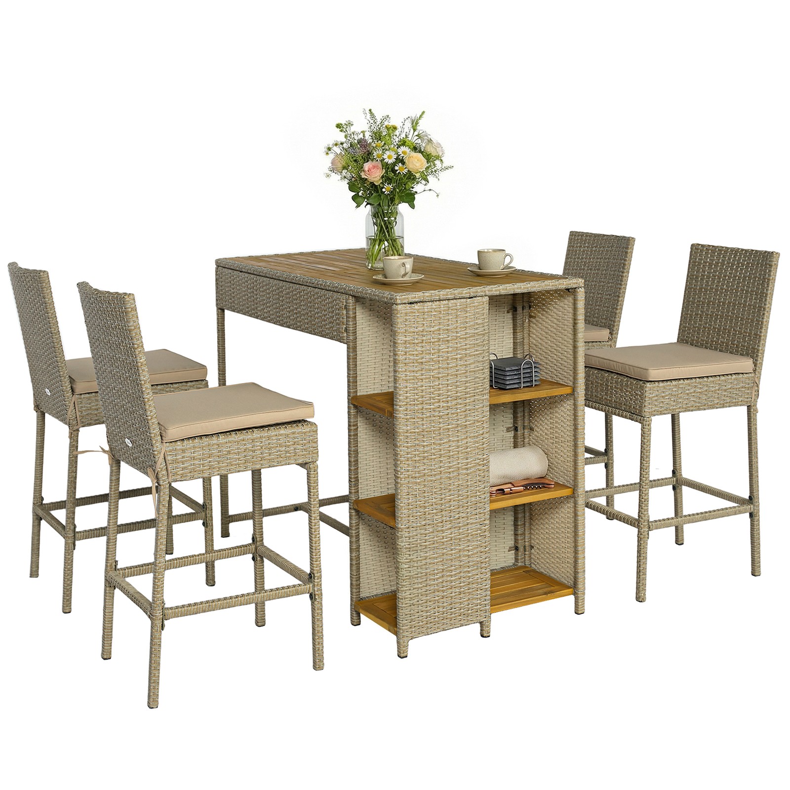 Outdoor Bar Set, 3 Tier Bar Height Patio Table and Chairs, Brown