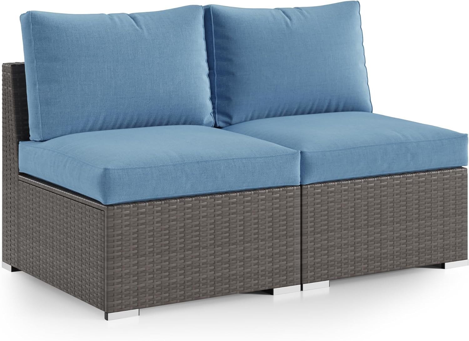 2 Piece Patio Armless Sofa, Outdoor Wicker Sectional Furniture with Cushion, Add