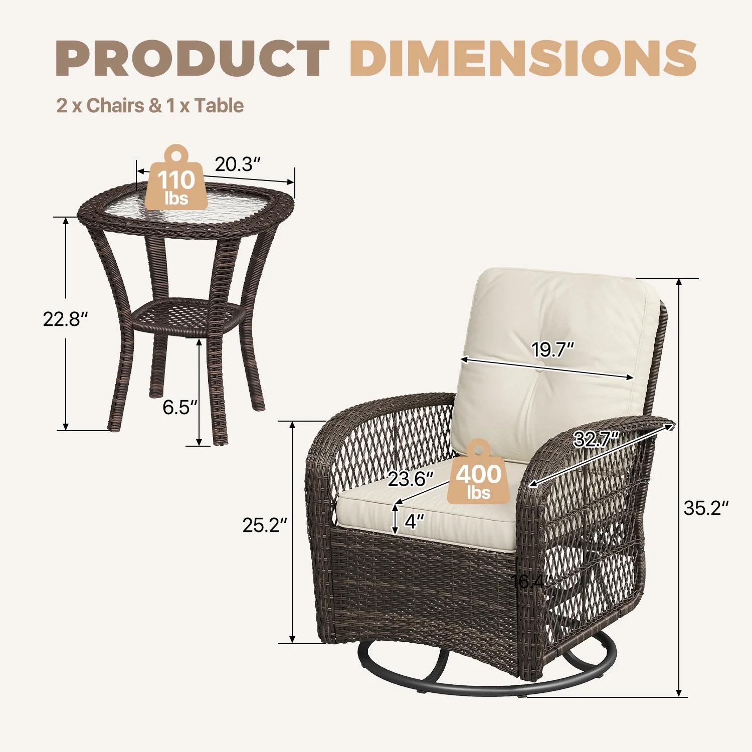 3 PCS Swivel Glider Chairs Wicker Rattan Bistro Set Outdoor Table 2 Chairs Beige