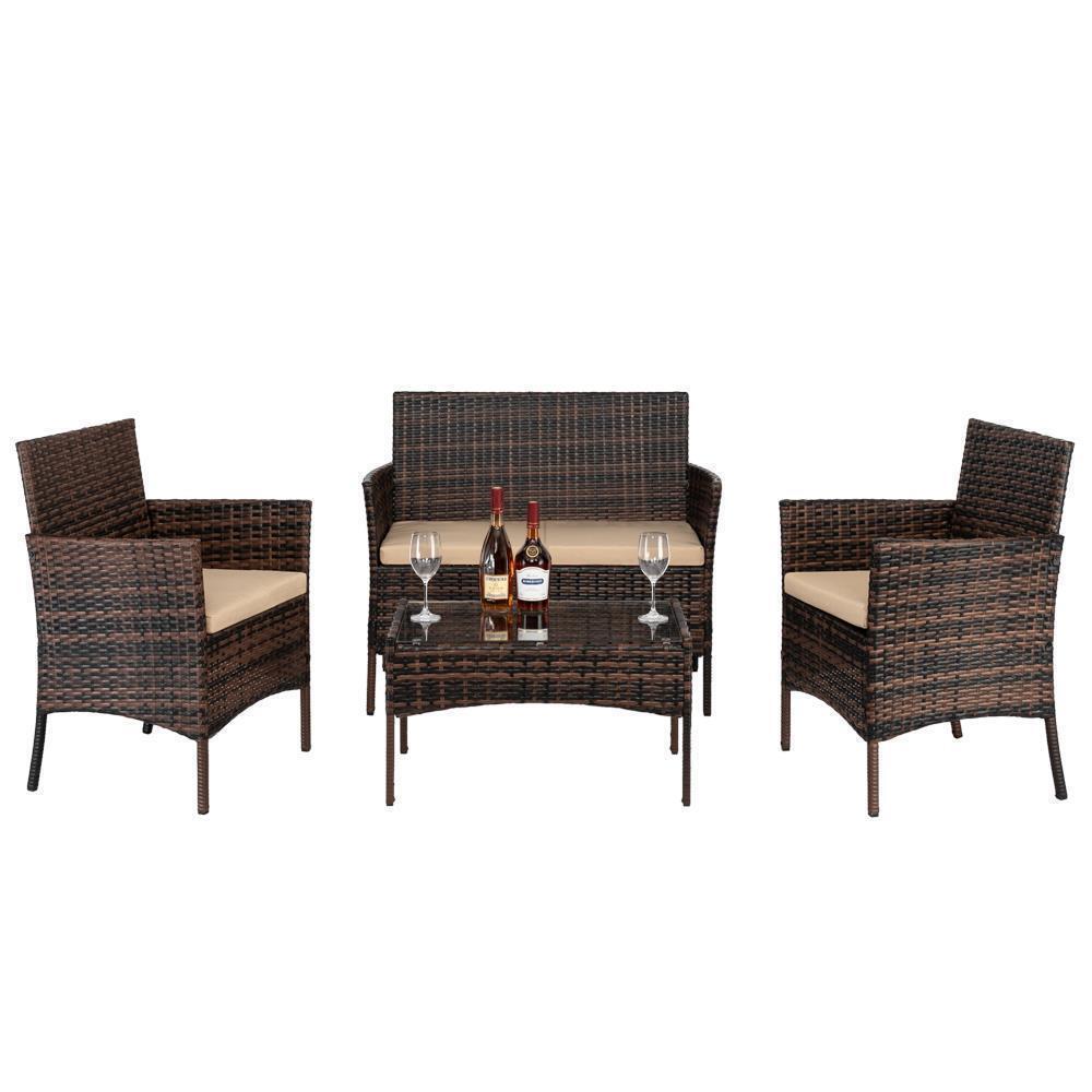 Patio Furniture Set 4 Pcs Outdoor Wicker Rattan Sofa Chair 4 Pieces w / Cushions