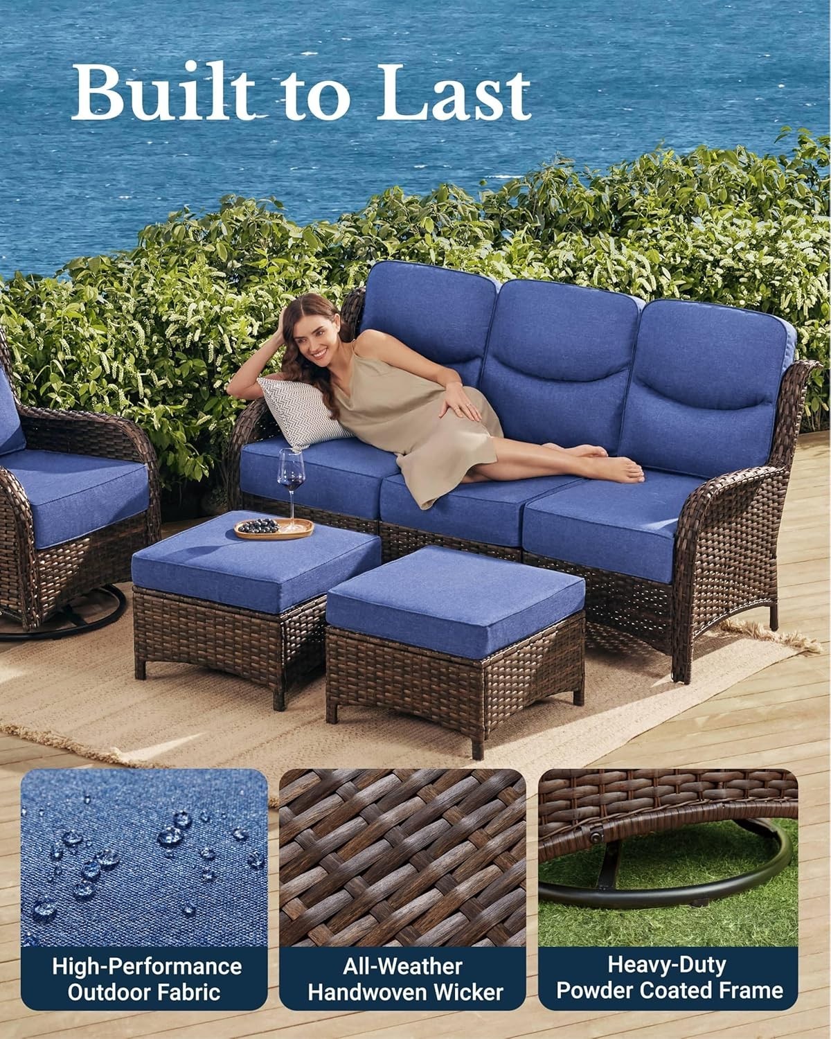 Spacious Luxury Patio Furniture Set – 6-Inch Cushions, 360° Swivel Chairs