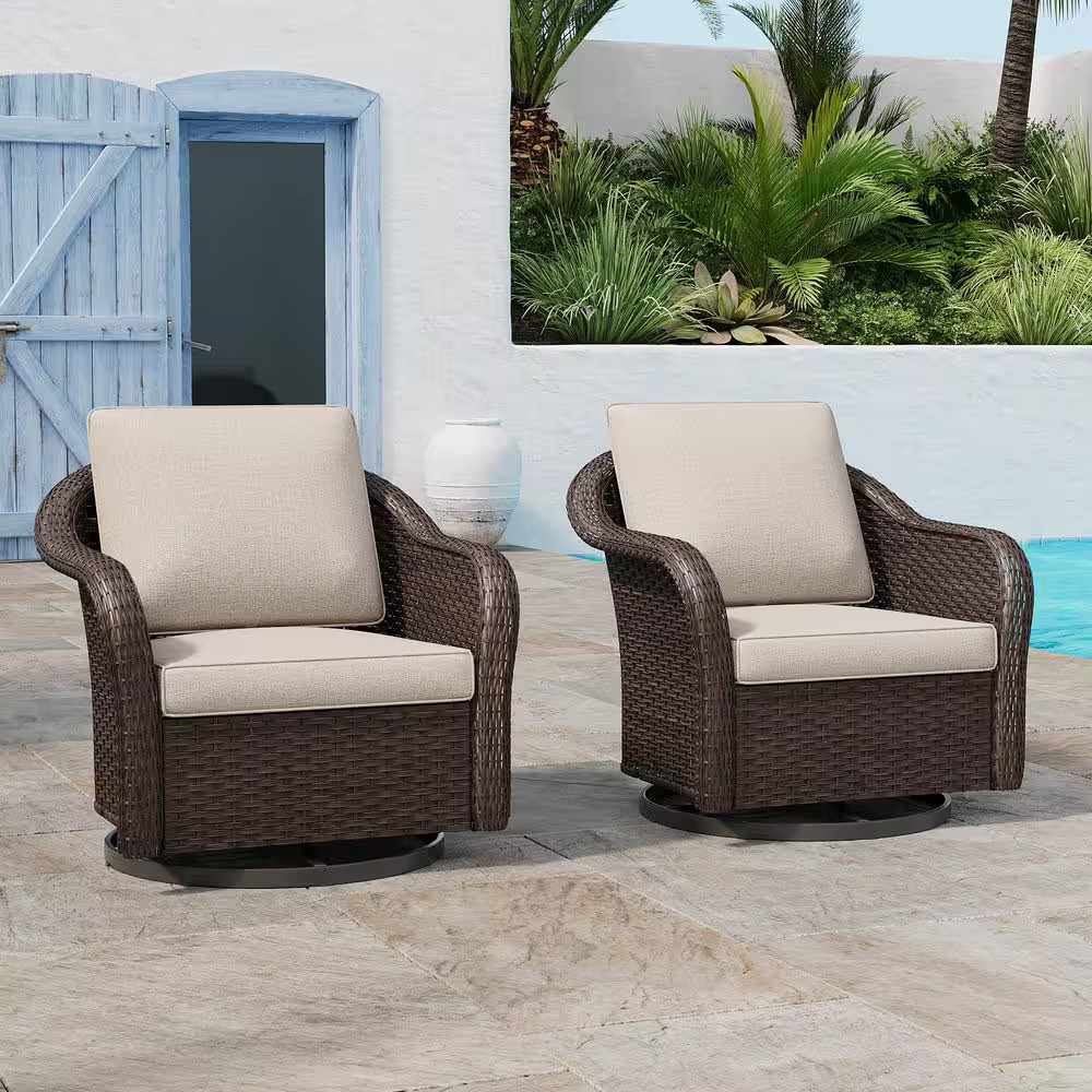 2-Piece Brown Wicker Frame Outdoor Rocking Chairs Patio Swivel Chair Lounge Chai