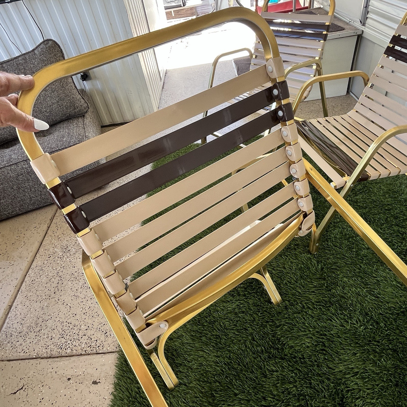 Vintage 1980s 4 Chair Set Patio Furniture Brown Jordan Style Gold Toned Aluminum